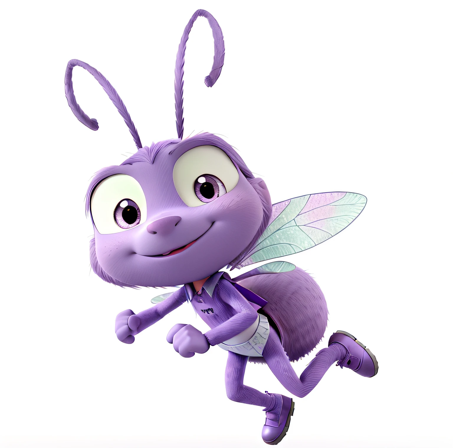 a lilac ant with small Disney Pixar style wings looking at the photo
