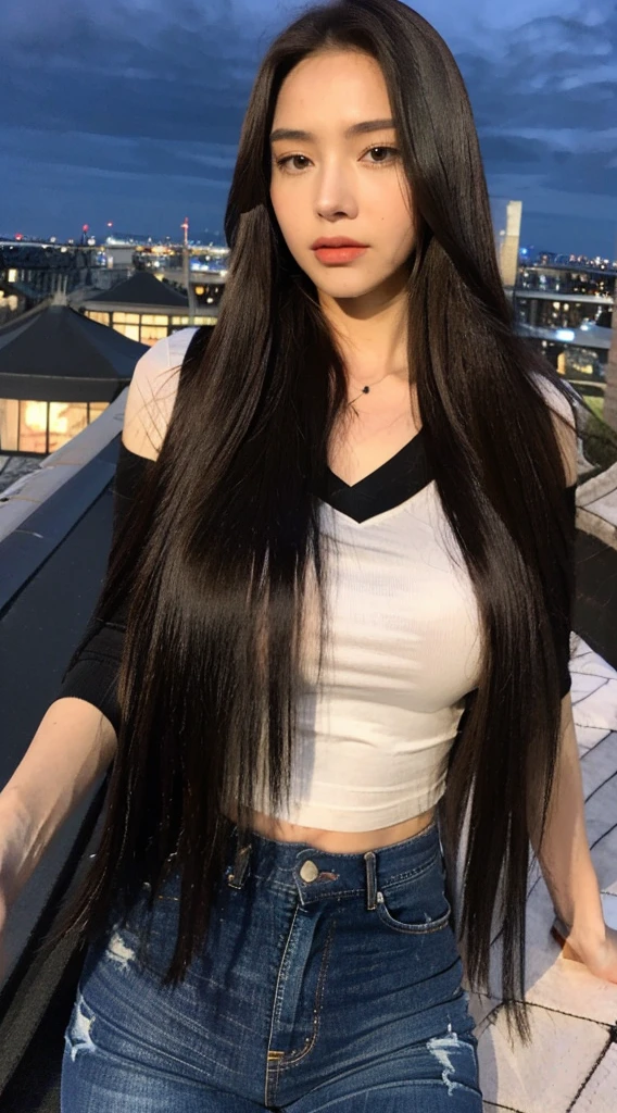 ((midnight, beste-Qualit, 8k, master-piece :1.3)), whole body, elongated legs, Sharp focus :1.2, beautiful woman with a perfect figure :1.4, long-haired, slender abdomen, :1.1, ((Dark brown hair, large boobs :1.2 )), (White tight T-shirt, Jean bib, stand:1.2), ((City view at night, Roof top:1.3)), Highly detailed face and skin, detailed eyes, Double eyelidd