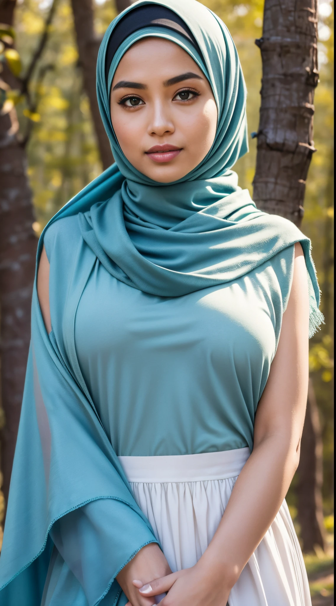 The beautiful Muslim asian adult girl with beautiful cheeks wears peacock lycra turtleneck unitard catsuit with large peacock tail and peacock lycra elastane stretchy dancewear inner hijab with peacock feather.She is happy.She always put real peacock eyeshadow makeup that are made of blue colour makeup pen.She acts a peacock.She is at Jungle.When she opens her tail beautiful.
