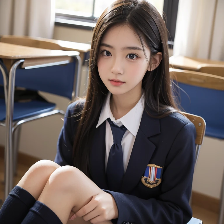 High resolution、High resolution、In 8K、RAW Photos、Highest quality、masterpiece、1 girl in her 20s,  Wavy Hair,Japanese high school uniform、Sit with your legs apart、Showing her ass、White panties、 Anatomically correct,bangs、Waist、thigh