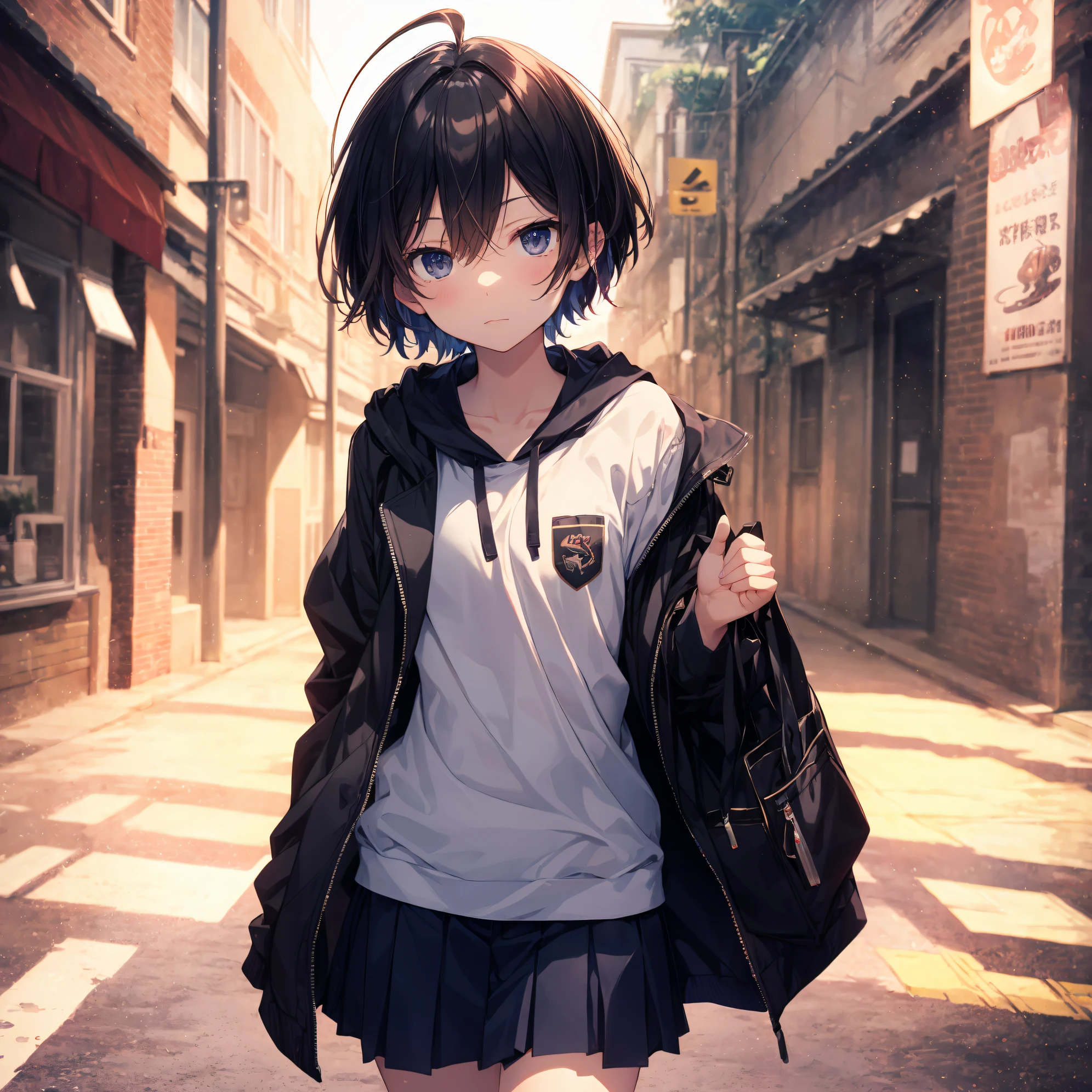 Super high quality by the art god, Ultra-detailed, High resolution, Kantai Collection Style, anime moe art style, Best Anime 8K Konachan Wallpapers, Pixiv Contest Winner, Perfect Anatomy, BREAK,(Draw a girl sleepily walking to school. ),BREAK, 1girl in, (Solo,Lori,child,13years:1.3),a junior high school student, Androgynous attraction, (Very short hair), hair messy, Ahoge, Full limbs, complete fingers, flat chest, Small butt, groin, Small eyes,Beautiful detailed black eyes, Well-proportioned iris and pupils, disgusted eye, upward looking gaze, School uniform, Skirt, On the way to school. BREAK,super detailed skin, professional anime lighting, 8K, Illustration,