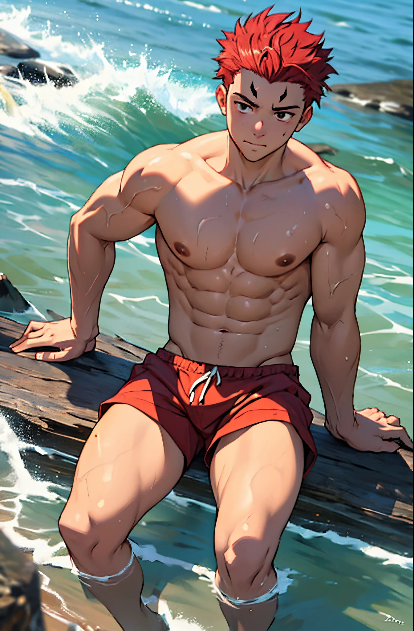 A mais alta qualidade, 8K, image high resolution, Detailed strokes, em uma linda praia, The beach water is crystal clear and blue, sitting on the edge of the beach , adolecente , rosto masculo , Red hair , sem camisa , wearing shorts to the beac, virilha saliente, masculo, peitoral inchado , (angulo de baixo), (foto de perto) , pernas definidas, defined arms, abdomen definido, shorts molhado, gotas de agua pelo corpo