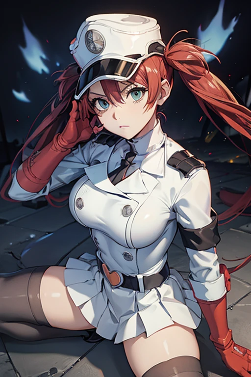 White gloves, red eyes, white jacket, white skirt, best quality, masterpiece, Highly detailed, illustration, absurdres, white military uniform, white uniform, white hat, standing, girls, standing at attention, multiple girls, expressionless, blank eyes, looking at viewer, emotionless, corrution, mind control, female combatant, full body, hypnotized, unhappy trance, perfect female body, extremely glossy latex, belt, hypnosis, hypnoLora, empty eyes, Mind control device, thigh high, poses, submissive_pose, rubber bodysuit, nazi saluting, military, military saluting, salute, Bleach, Quincy, doll suit, shadaloo dolls, kneeling, thighhighs, tight miniskirt, twin tail, red hair, green eyes, airi, Queen's Blade