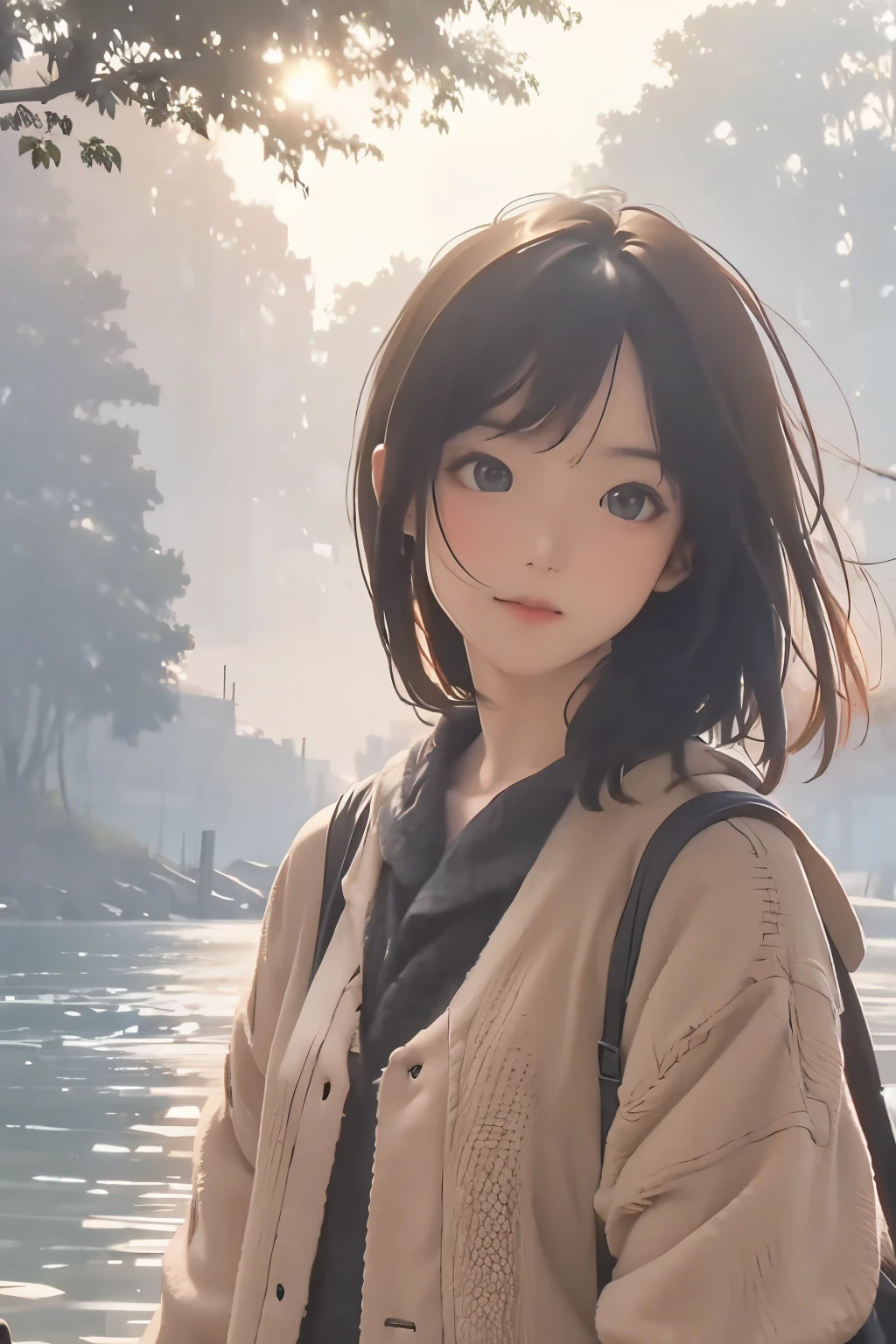 Anime girl with a backpack standing by a lake in the sun - SeaArt AI