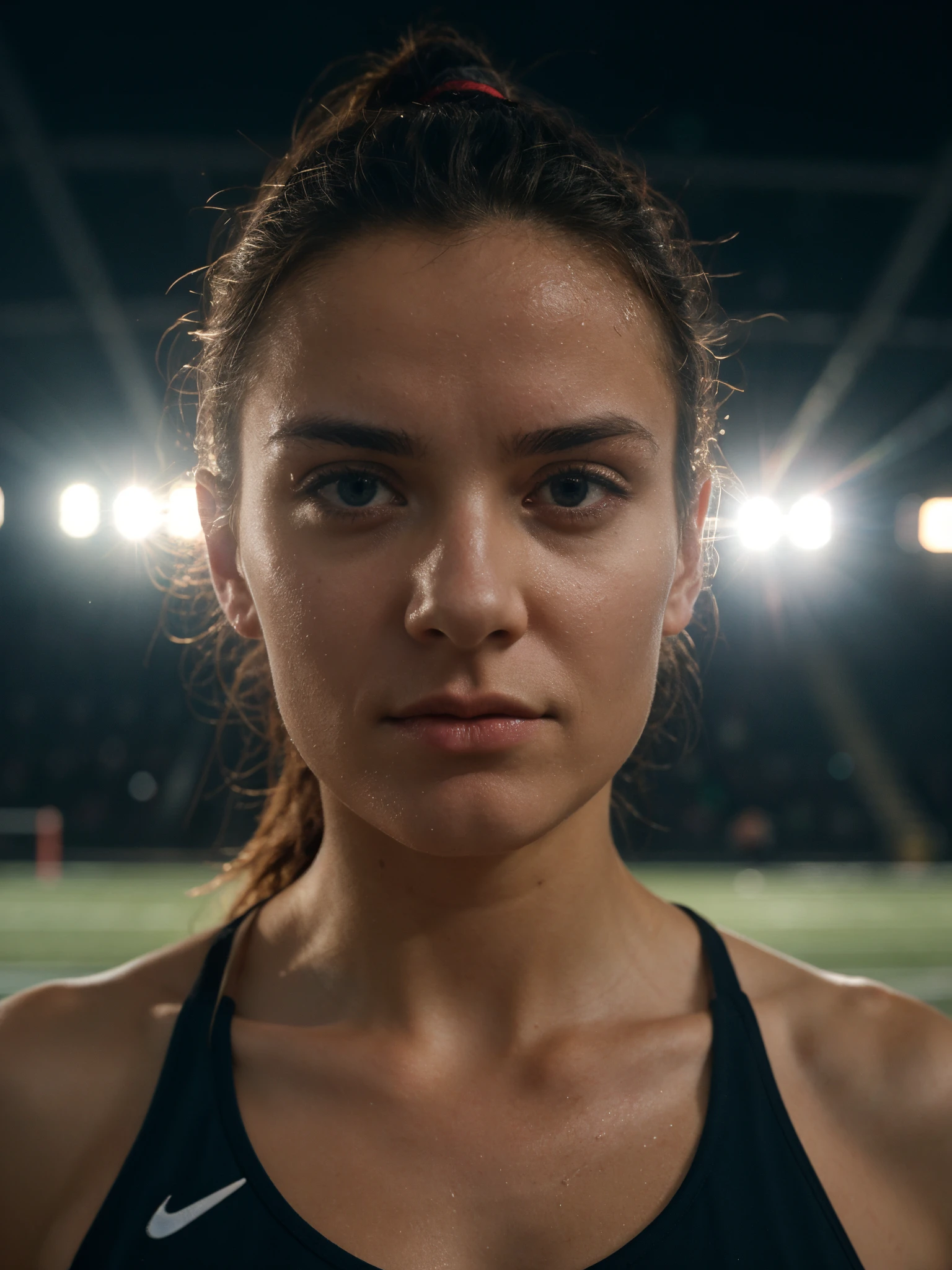 portrait, (close up:1.1), face, sweat, german, beautiful mature college girl, angry, ((athletic sports:1.2)), athletic sports wear, in stadium, track, outside on track field, anamorphic lens flare, photorealistic, cinematic lighting, dark atmosphere, volumetric lighting, action pose, epic scene, nike advertising, (nike logo), just do it campaign