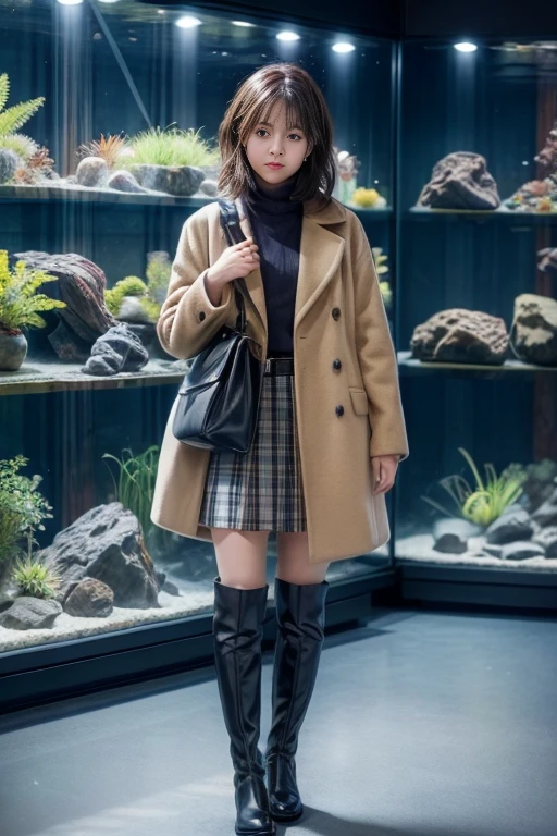 1girl in, In the aquarium,aquarium,tree, Brown eyebrows, coat ,耳环,wool coat,gray coat,Knee-length skirt,red and green tartan check skirt,jewely, s lips, Shorthair, From a short distance,lots of aquariums,Alone, looking at the aquarium, Winters,Slender body type,Eyes,Point your chest at the camera,Put your ears out,The face of the golden ratio,The body of the golden ratio,top-quality,The ultra -The high-definition,bangss,A little further away,full bodyesbian,long boots