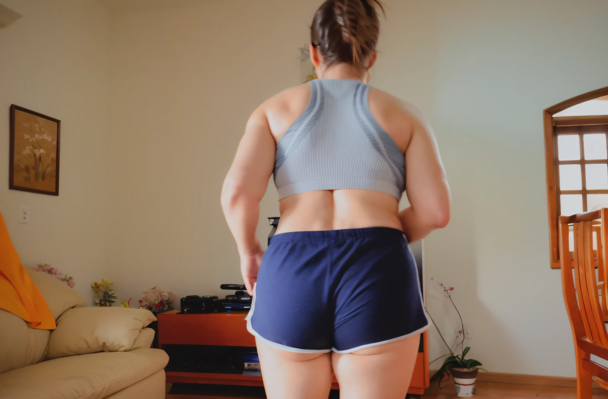 there is a woman standing in a living room in blue shorts, sport bra and dark blue shorts, seen from back, from the back, costas arqueadas, back pose, sport bra and shorts, tiro longo das costas, Backview, view of the back, tiro pelas costas, Costas - Pneu, from the back, ombros curvados