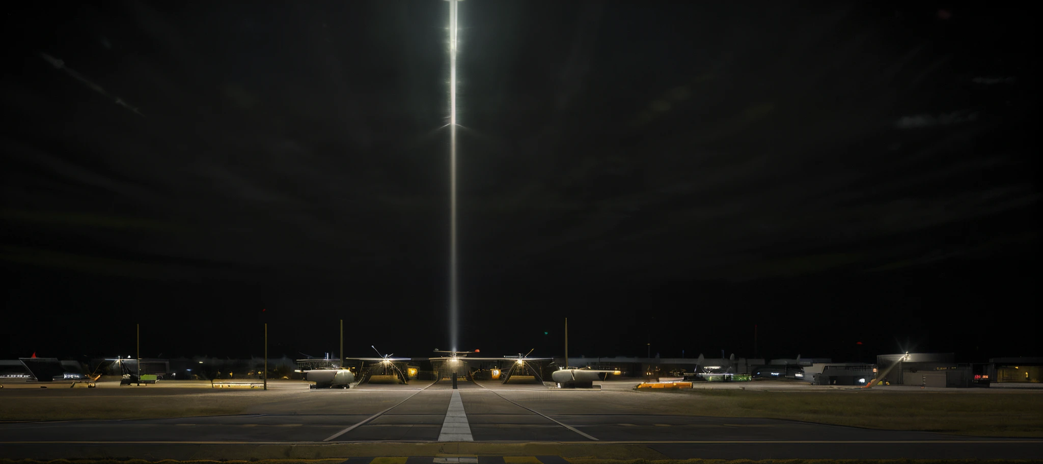 Generate a highly realistic AI image portraying a military airfield at night from a ground perspective. The focus should be on the illuminated runways, with runway lights casting a soft glow on the tarmac. Pay meticulous attention to details, including the placement and intensity of lights, shadows, and reflections on the runway surface. Capture the surrounding elements of the airfield, such as taxiways, hangars, and other infrastructure, subtly illuminated in the darkness. Infuse the scene with a realistic and immersive atmosphere, conveying the solemnity and functionality of a military airfield during nighttime operations. Ensure that the overall style of the image reflects a high level of accuracy and attention to detail. no lights in the sky