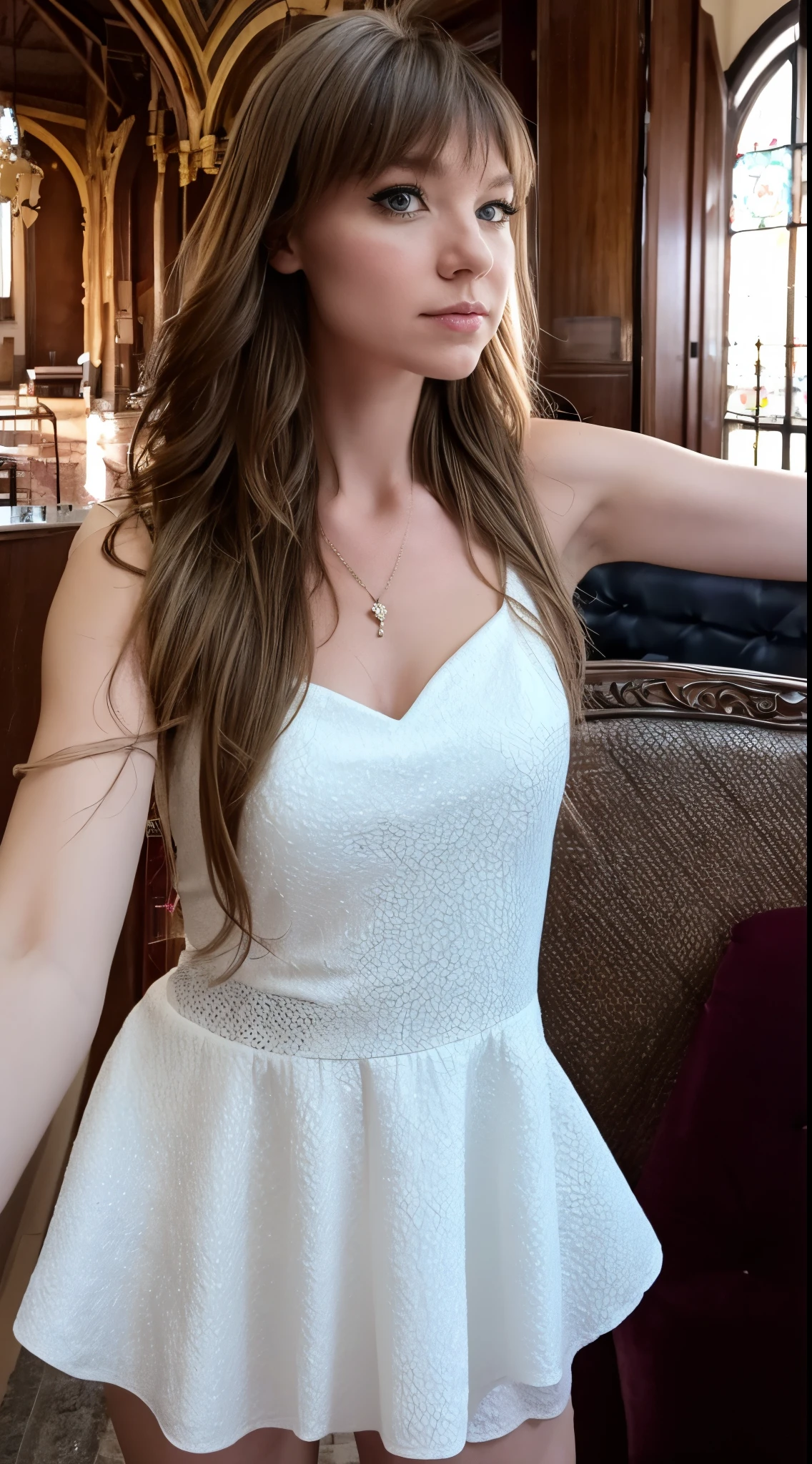 angelova, Realistic、Churches in Venice, Italy、Great Chapel、25 year old girl looking up、In a white tight dress、Emphasis on the chapel、Depth height、(Portrait), bottom up photo