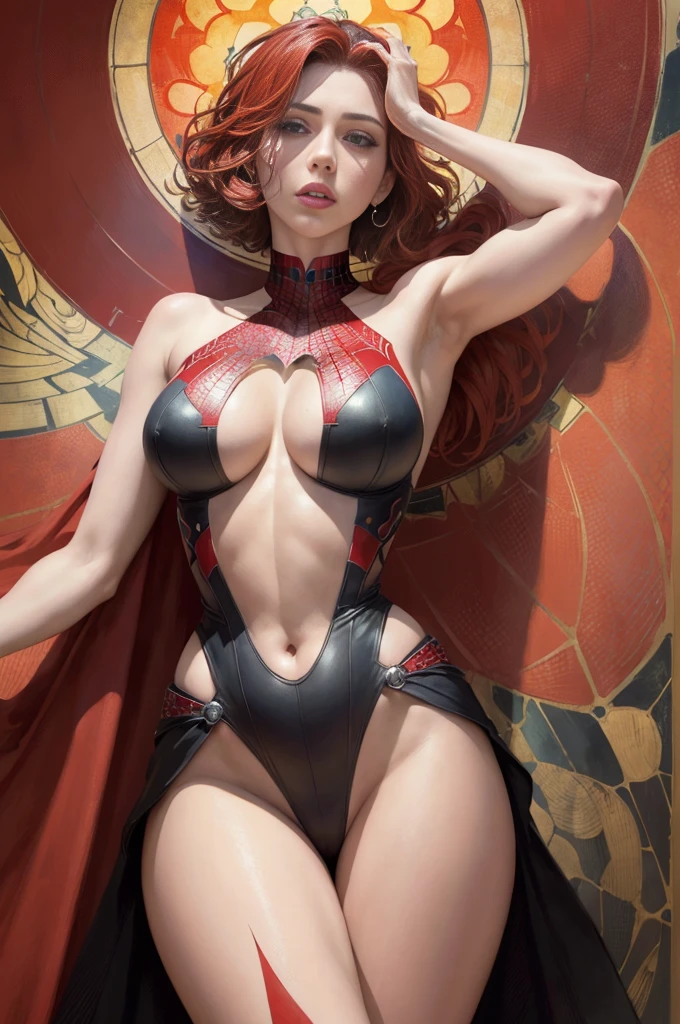 scarlet johansson、Sticking out the navel、newyork、She wears a torn Spider-Man suit,wearing skirt、abstract photorealistic、artistic、Alphonse Mucha's painting(masterpiece、top-quality、hight resolution:1.4)、detaileds、intricate-detail、4K、color splashes、line-drawing、Fibonacci、