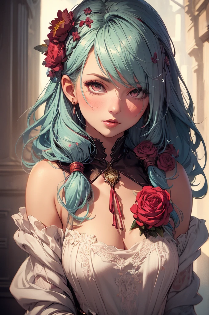 a girl with pastel hair and a complementary colored dress with flowers around her neck and shoulder, with a flowers in her hair, two-tone hair, Charlie Bowater, stanley artgerm lau, a character portrait, fantasy art, (cartoon:1.3)