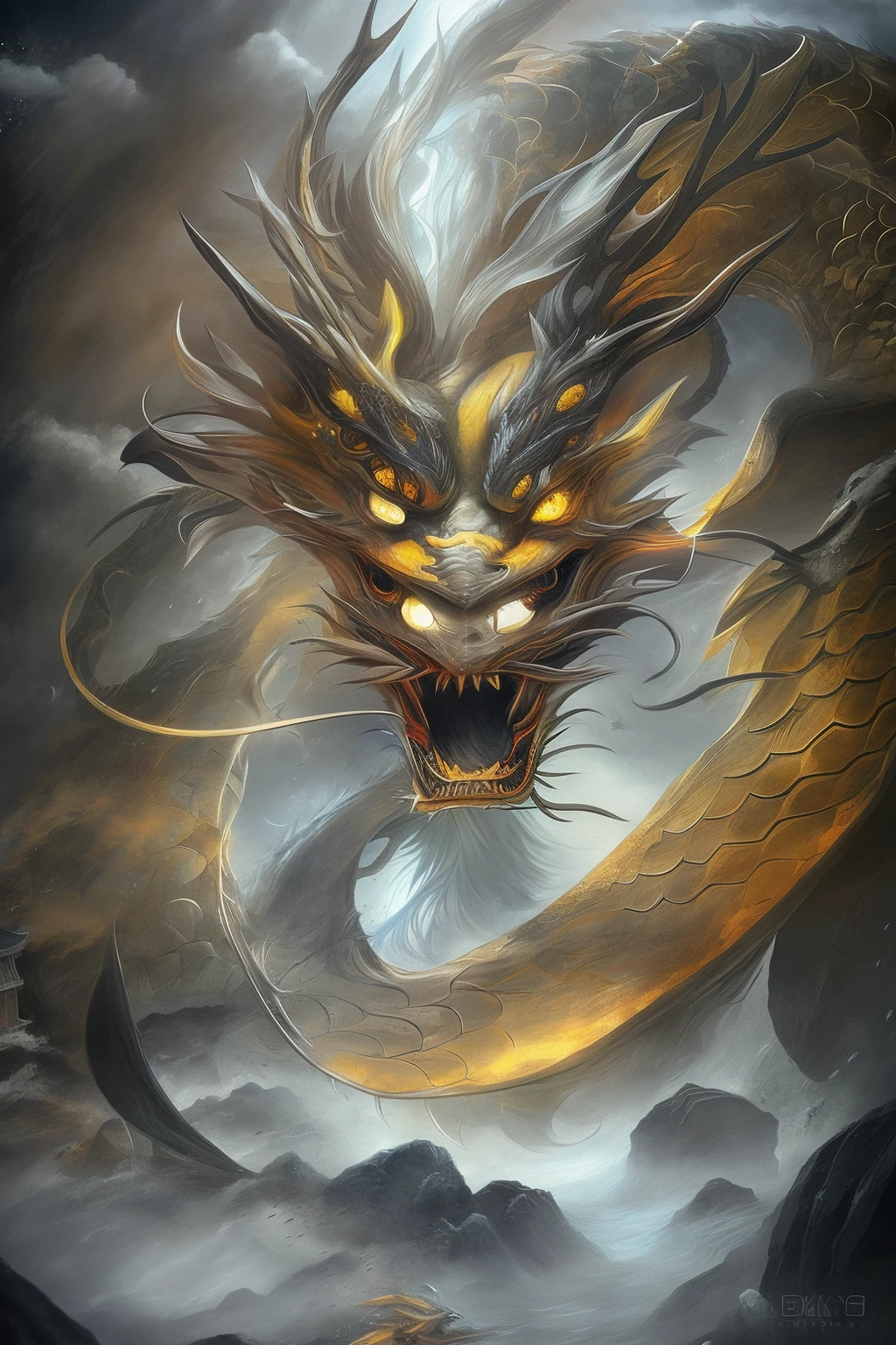 Dragon painting with long tail in the sky, Black Chinese dragon fantasy, chinese dragon concept art, dragon oil painting, chinesedragon, Black dragon, Dragon Art, long dragon, smooth chinese dragon, Chinese mythology, majestic japanese dragon, chinese fantasy, storm dragon, water dragon, ryujin, epic dragon, drak, drak