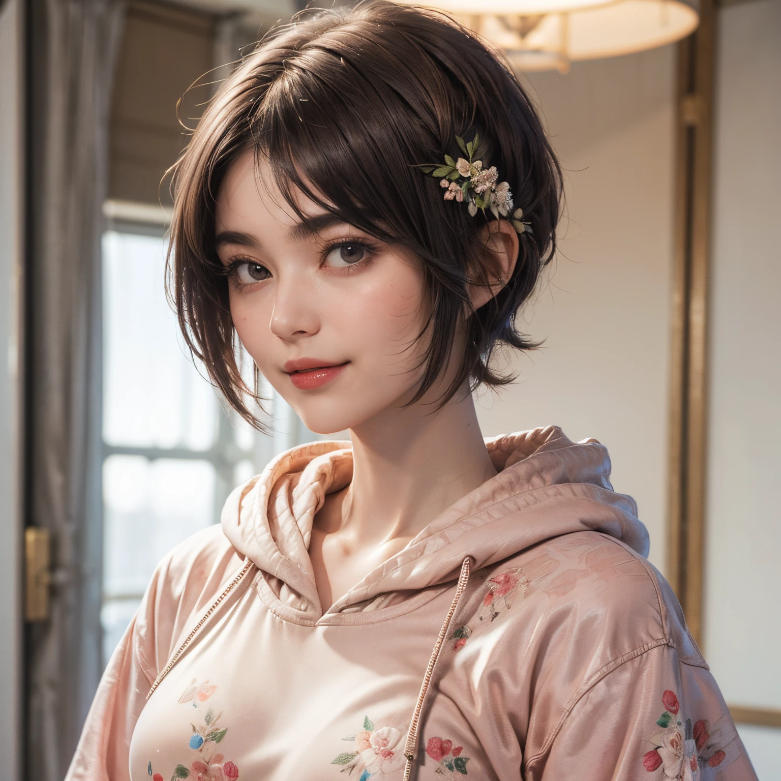 132
(a 20 yo woman,Wearing sportswear), (A hyper-realistic), (high-level image quality), ((beautiful hairstyle 46)), ((short-hair:1.46)), (Gentle smile), (breasted:1.46), (lipsticks), (Large room), (florals), (wearing hoodies)