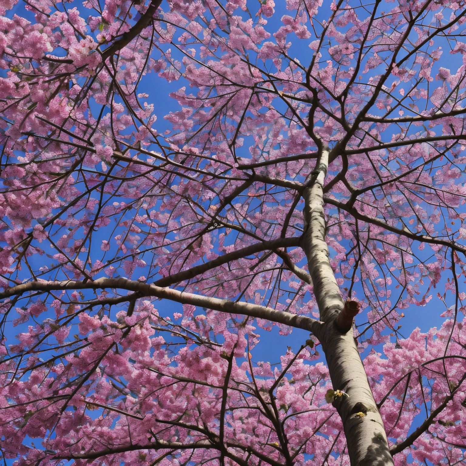 husband tree,The background is pink flowers and blue sky, look from down, look from down, Detailed trees blooming, pink trees, the cherry trees, Tall purple and pink trees, the cherry trees, look from down, Lush cherry blossom trees, the cherry trees, under a sakura tree, vivid and vibrant, Huge cherry blossom tree, Shoot from below