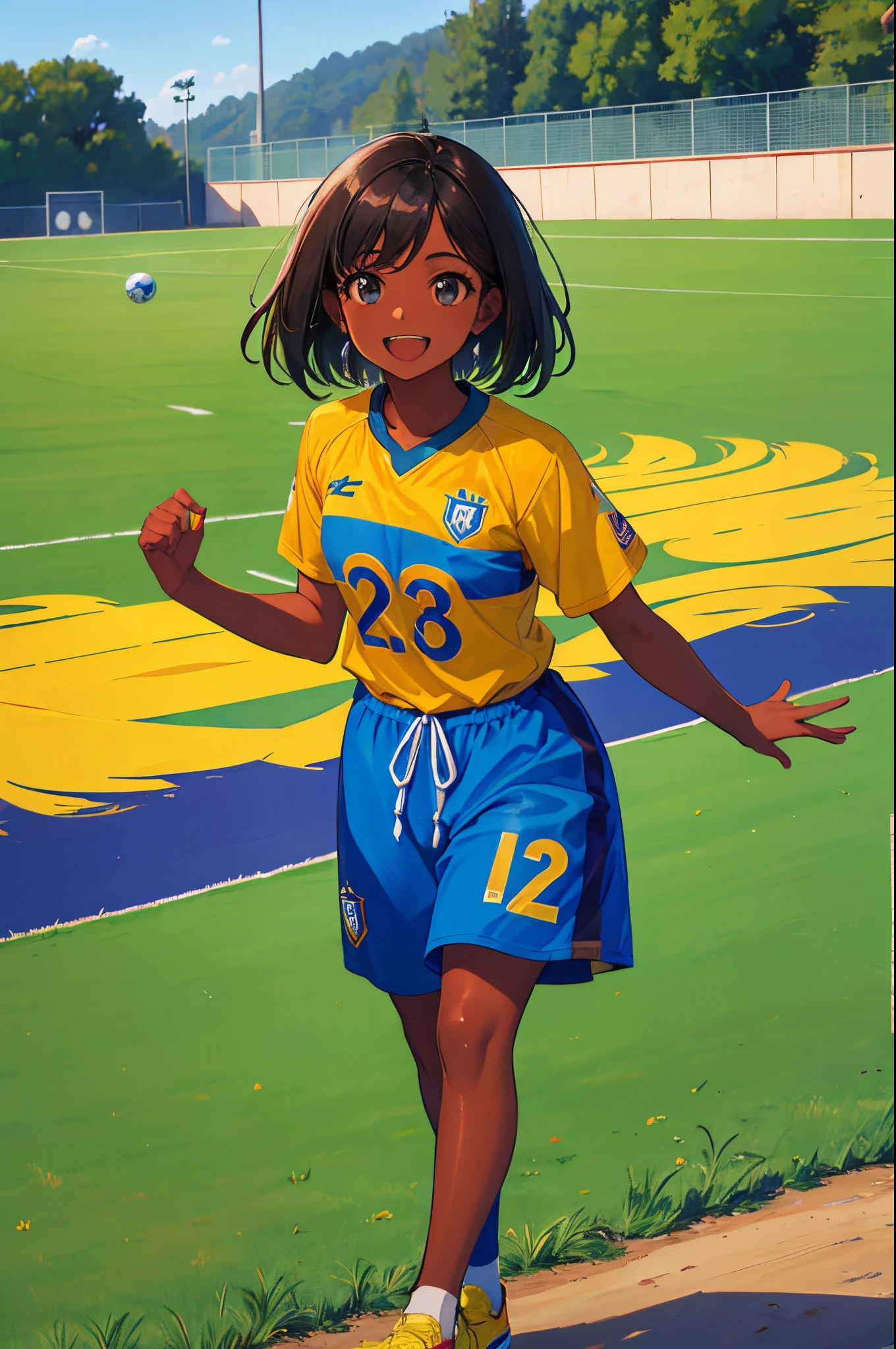 (obra-prima, melhor qualidade: 1.2),solo, girl,sorriso, olhando para o espectador, roupas esportivas, campo de futebol