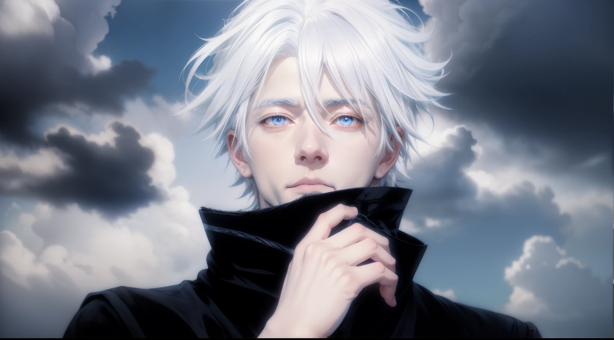 anime - style photo of a man with white hair and blue eyes, white haired, killua zoldyck portrait, cloud-like white hair, killua zoldyck black hair, white-haired, tall anime guy with blue eyes, white haired deity, made with anime painter studio, white-hair pretty face, anime portrait of a handsome man