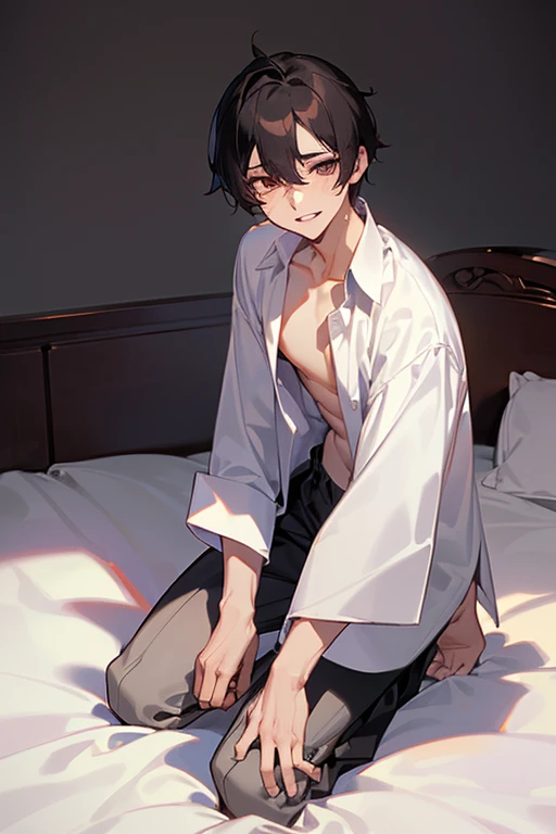 1 Boy, dark hair, white shirt, black slacks, on sheets, kneeling, seiza, (bare one's shirt:1.0), (open clothes), cool, (sexy:1.3), Fascinating, evil smile,(parted lips), pale skin,(background: on bed in bedroom), (Facing forward.:1.0),(Looking forward:1.0), Turn body to the front, sunset, high quality, high resolution, masterpiece
