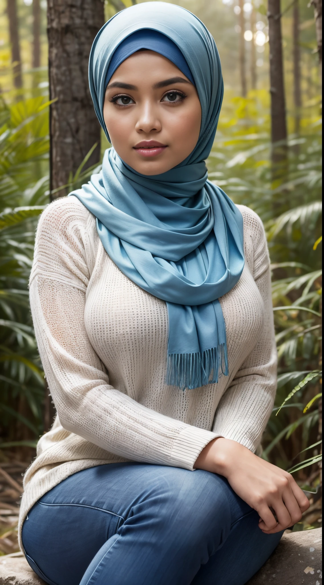 RAW, Best quality, high resolution, masterpiece: 1.3), beautiful Malay woman in hijab,Masterpiece, perfect fit body, (Huge breasts), big gorgeous eyes, Soft smile,woman in a light blue scarf sitting in mountain, lovely woman, hijab, malay, Beutifull girl, with lovely look, casual pose, beautiful lady, shawl, beautiful woman, with accurate, scarf,Delicate turtleneck, necklace, shairband, afternoon walk forest, Excellent lighting, Bright colors, Clean lines