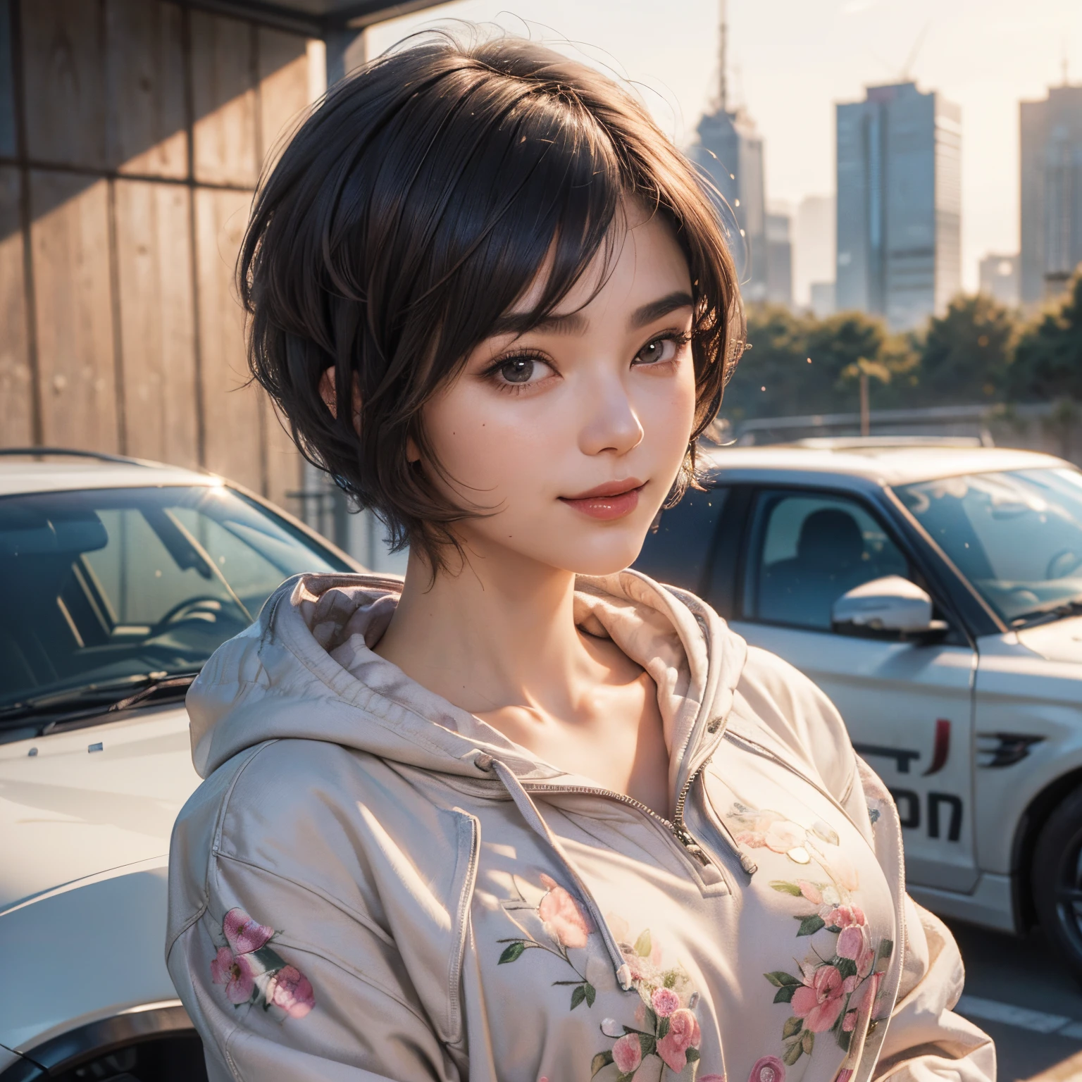 132
(a 20 yo woman,Wearing sportswear), (A hyper-realistic), (high-level image quality), ((beautiful hairstyle 46)), ((short-hair:1.46)), (Gentle smile), (breasted:1.46), (lipsticks), (Large room), (florals), (wearing hoodies)