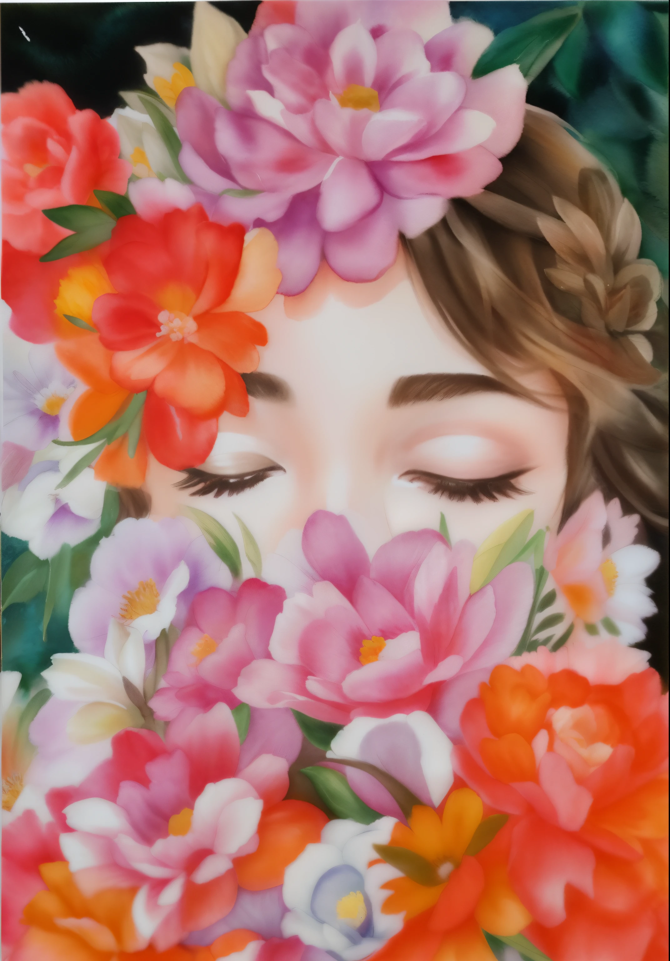 pintura de uma mulher com flores no cabelo e nos olhos, flores cobrindo os olhos, mulher nas flores, coberto de flores, menina nas flores, envolto em flores, retrato feminino com flores, coberto de flores, A menina feita de flores, inspirado em Naomi Okubo, menina com um rosto de flor, flores nas bochechas do herdeiro, sonho floral, pintura detalhada em aquarela, com os olhos fechados