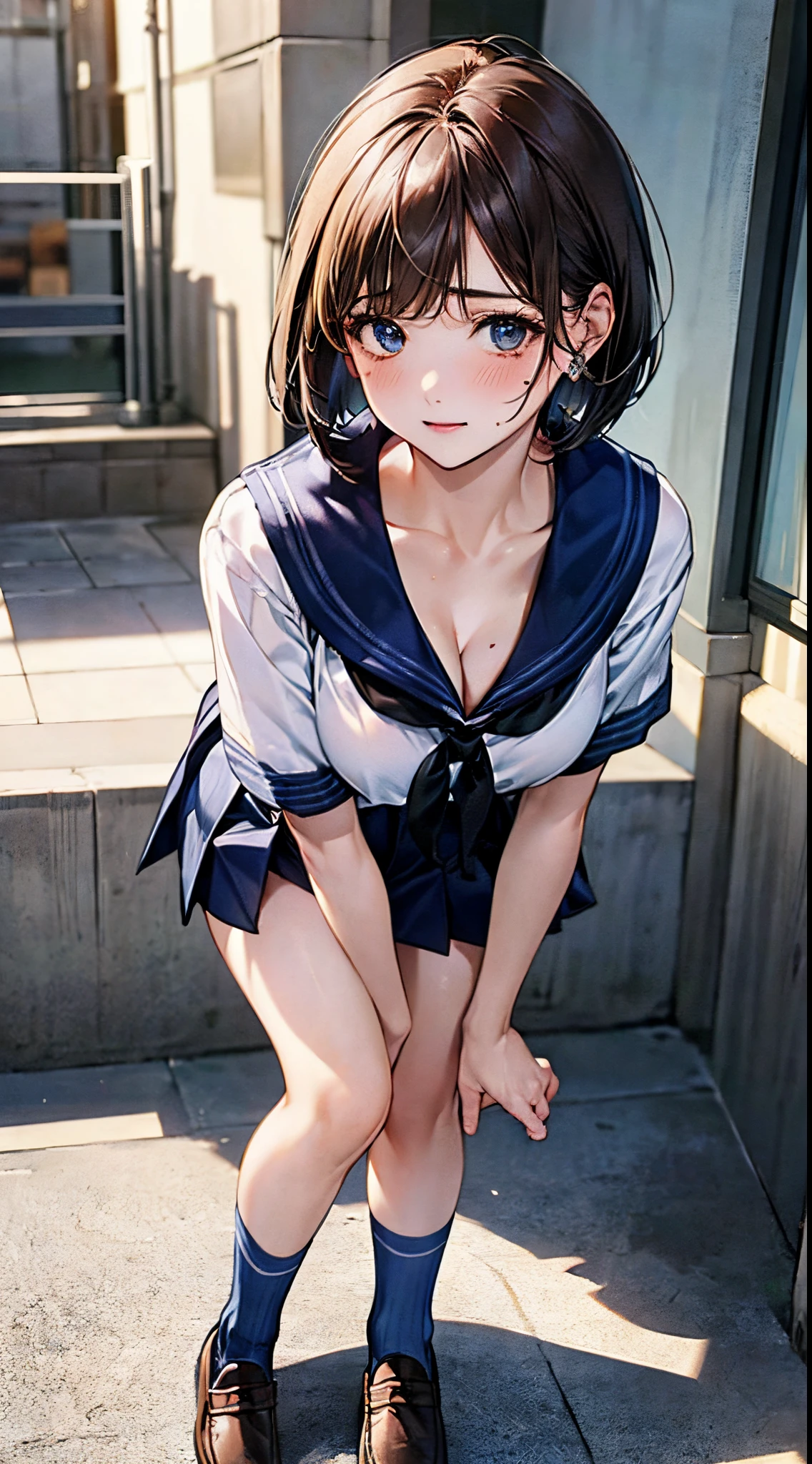 (((perfect anatomy, anatomically correct, super detailed skin))), ((panties pulled down)), 1 girl, japanese, high school girl, shiny skin, watching the viewer, 
beautiful hair, beautiful face, beautiful detailed eyes, (short hair:1.1, bob cut:1.2), dark blonde hair:1, blue eyes, babyface, mole under eye, 
beautiful clavicle, beautiful body, beautiful breasts, large breasts:0.5, beautiful thighs, beautiful legs, 
((short sleeves, all dark blue cute sailor suit, dark blue pleated skirt, dark blue sailor collar, sailor scarf, socks, brown loafers)), seductive thighs, (red slave collar), 
((, ashamed, , , )), standing, 
(beautiful scenery), summer, school rooftop, building, chain-link fence, 
8k, top quality, masterpiece​:1.2, extremely detailed), (photorealistic), beautiful illustration, natural lighting, ,