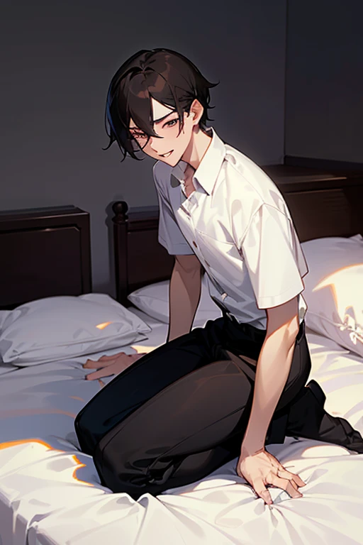 1 Boy, dark hair, white shirt, black slacks, on sheets, kneeling, seiza, cool, (sexy:1.3), Fascinating, evil smile,(parted lips), pale skin,(background: on bed in bedroom), (Facing forward.:1.0),(Looking forward:1.0), Turn body to the front, sunset, high quality, high resolution, masterpiece
