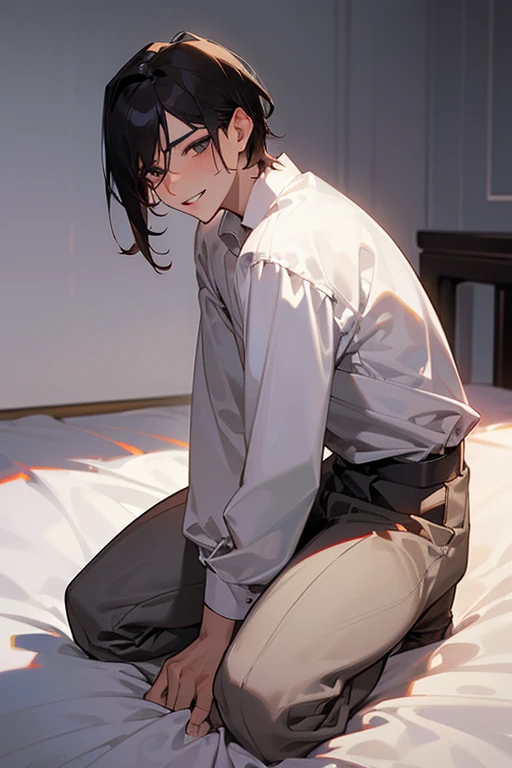 1 Boy, dark hair, white shirt, black slacks, on sheets, kneeling, seiza, cool, (sexy:1.3), Fascinating, evil smile,(parted lips), pale skin,(background: on bed in bedroom), (Facing forward.:1.0),(Looking forward:1.0), Turn body to the front, sunset, high quality, high resolution, masterpiece
