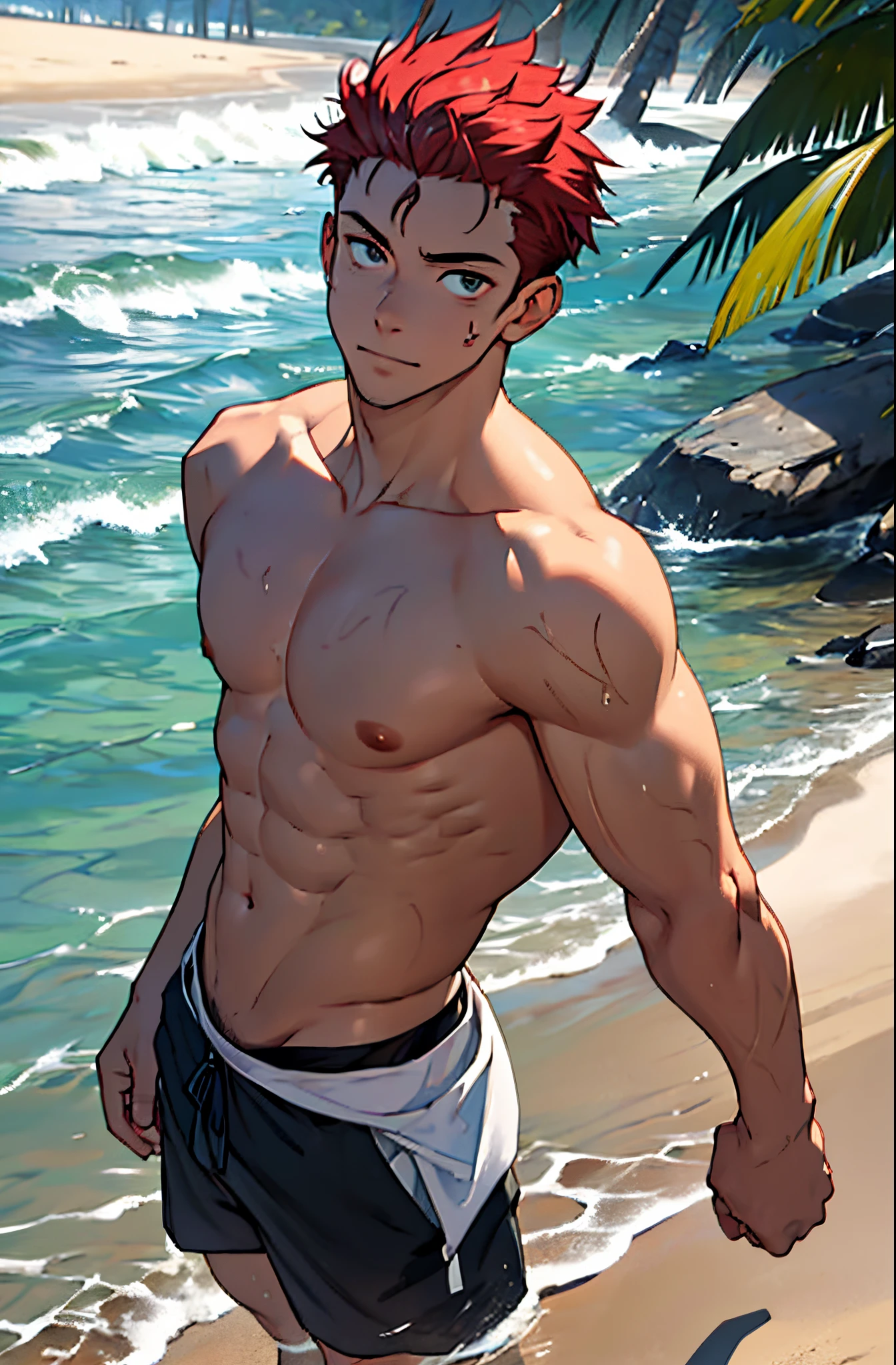 A mais alta qualidade, 8K, image high resolution, Detailed strokes, em uma linda praia, The beach water is crystal clear and blue, posing at the edge of the beach  , adolecente , rosto masculo ,  sexy face, Red hair , sem camisa , wearing shorts to the beac,  exibindo seus musculos, virilha saliente, masculo, peitoral inchado , (angulo de baixo), (foto de perto) , pernas definidas, defined arms, abdomen definido, shorts molhado, gotas de agua pelo corpo