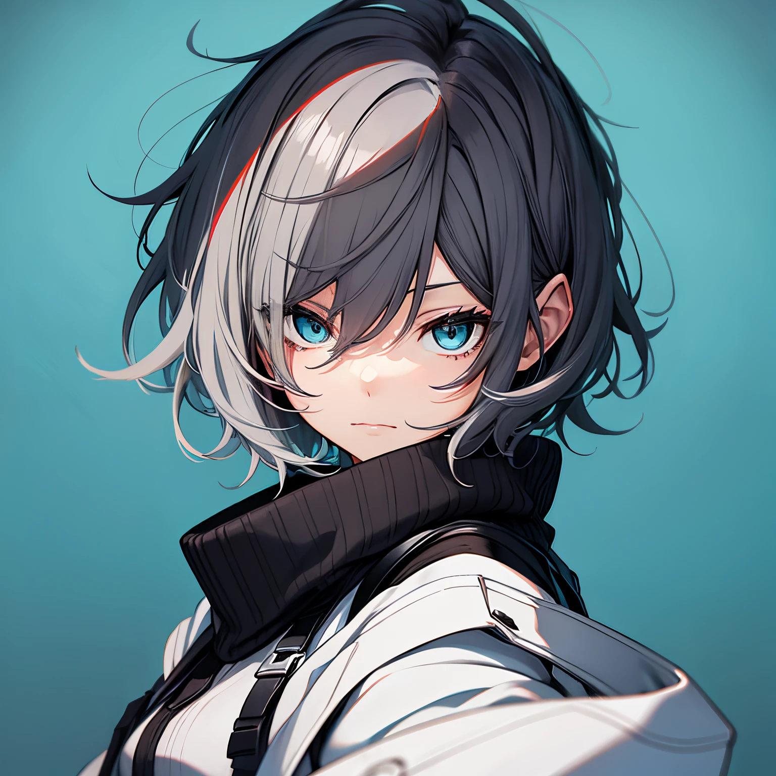 (masutepiece:1.2, Best Quality),  [1 girl in, expressioness, Turquoise eyes, slate gray hair, half short hair,White jacket,Jacket is taken off, ] (Gray white background:1.2),