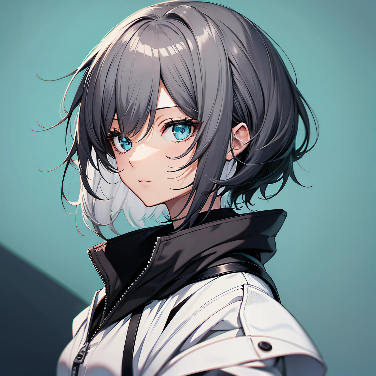 (masutepiece:1.2, Best Quality),  [1 girl in, expressioness, Turquoise eyes, slate gray hair, half short hair,White jacket,Jacket is taken off, ] (Gray white background:1.2),