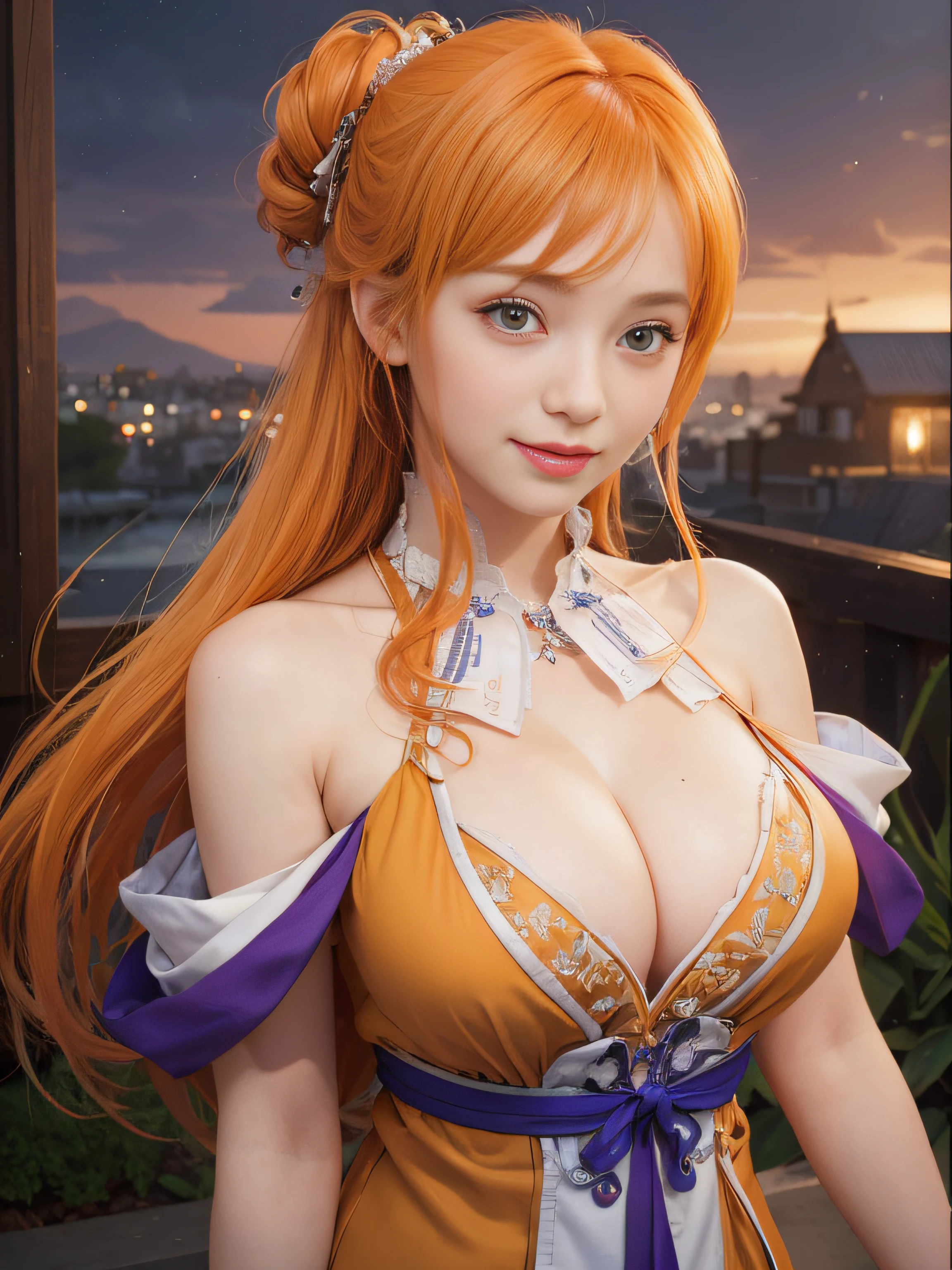 masterpiece, best quality, (realistic, photo-realistic:1.4), (RAW photo:1.2), extremely detailed CG unity 8k wallpaper, delicate and beautiful, amazing,finely detail, official art, absurdres, incredibly absurdres, huge filesize, ultra-detailed,extremely detailed eyes and face,light on face,little smile,potrait,orange hair,long hair,wearing dress,window