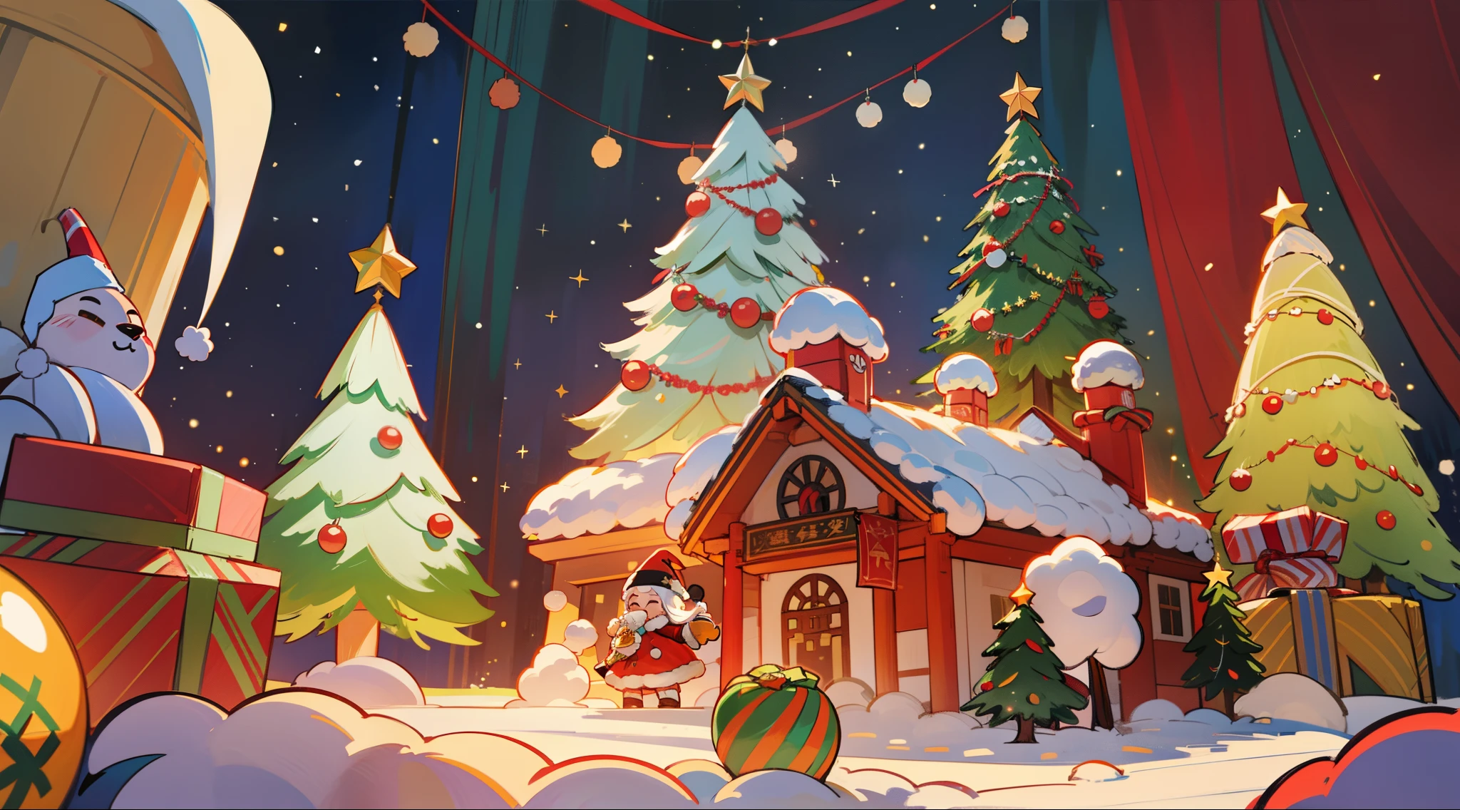 melhor qualidade,16k,8k,True exposure,Traching de raias,Excelente qualidade de imagem,Cartaz de Natal,Clima natalino,A real Christmas tree,Pompon,sino,Barra de luz colorida luminosa,dentro no quarto,arrepiante,santa hat,Christmas decorations are hung on the wall,Flor de neve,De baixo para cima