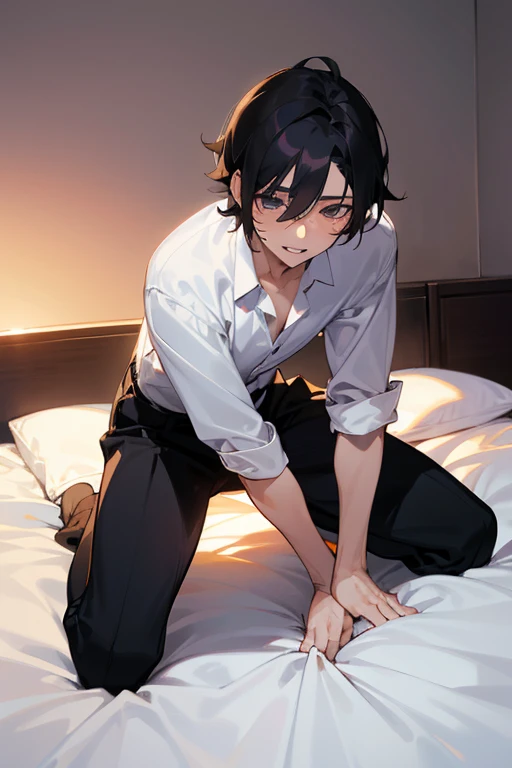 1 Boy, dark hair, white shirt, black slacks, on sheets,seiza, cool, (sexy:1.3), Fascinating, evil smile,(parted lips), pale skin,(background: on bed in bedroom), (Facing forward.:1.0),(Looking forward:1.0), Turn body to the front, sunset, high quality, high resolution, masterpiece