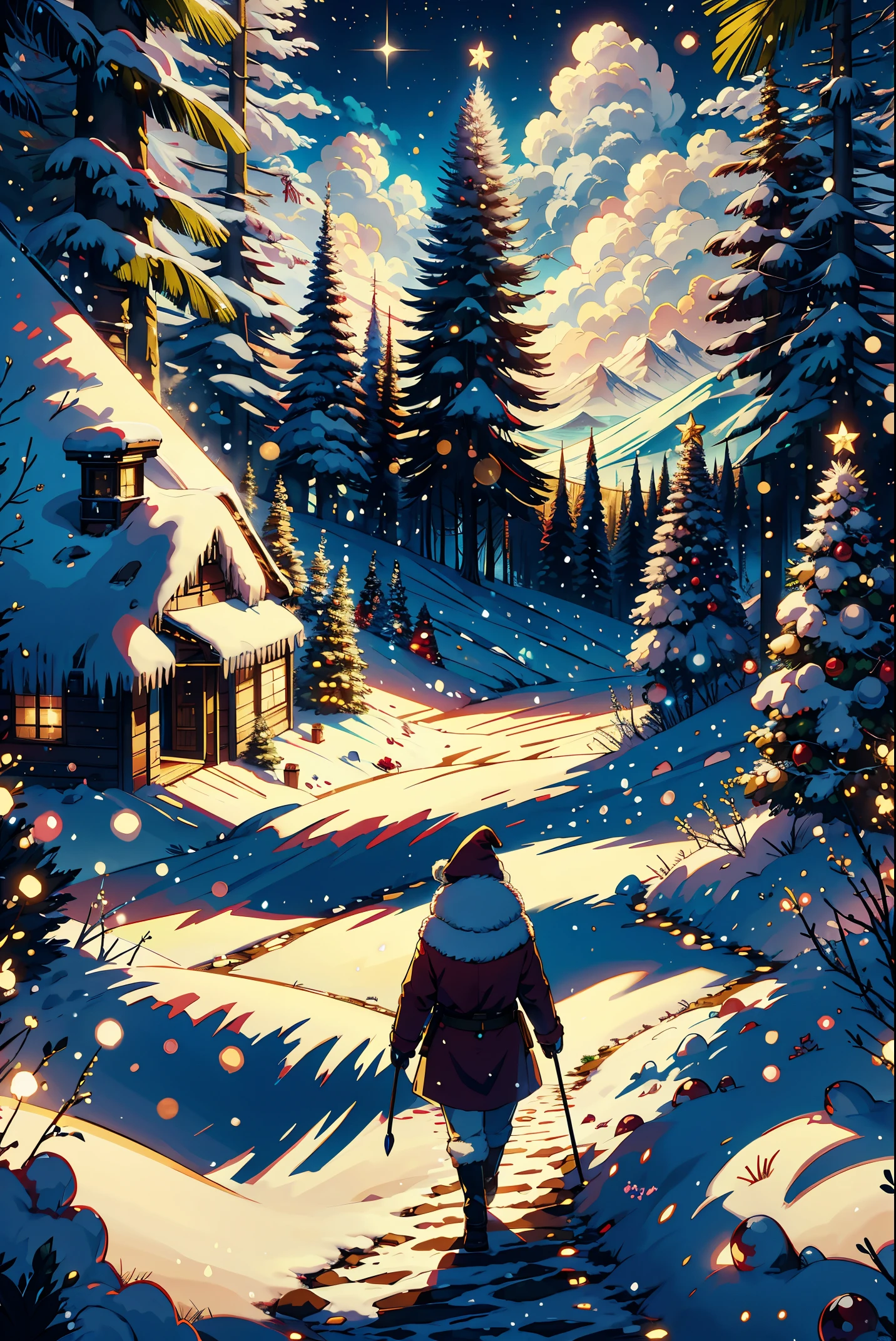 Extraordinary Christmas, in the middle of snow forest, you are the Santa, hidden face, not showing face, scenery, going on a Adventure, walking away from the viewer,