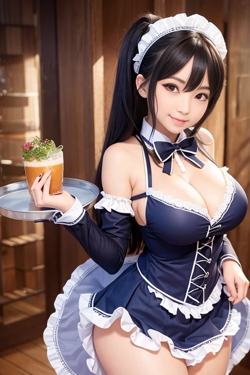 Cute face waitress with huge boobs on tray、((chest tray))、She's a beautiful girl、Colossal tits、anime big breast、decorated chest、Ultra short ruffled skirt、slenderbody、Slender body、Lace fabric curtains around the waist、lace maid headband、Smile with a smile、Facing here、FULL BODYSHOT、Bang Twin Tail
