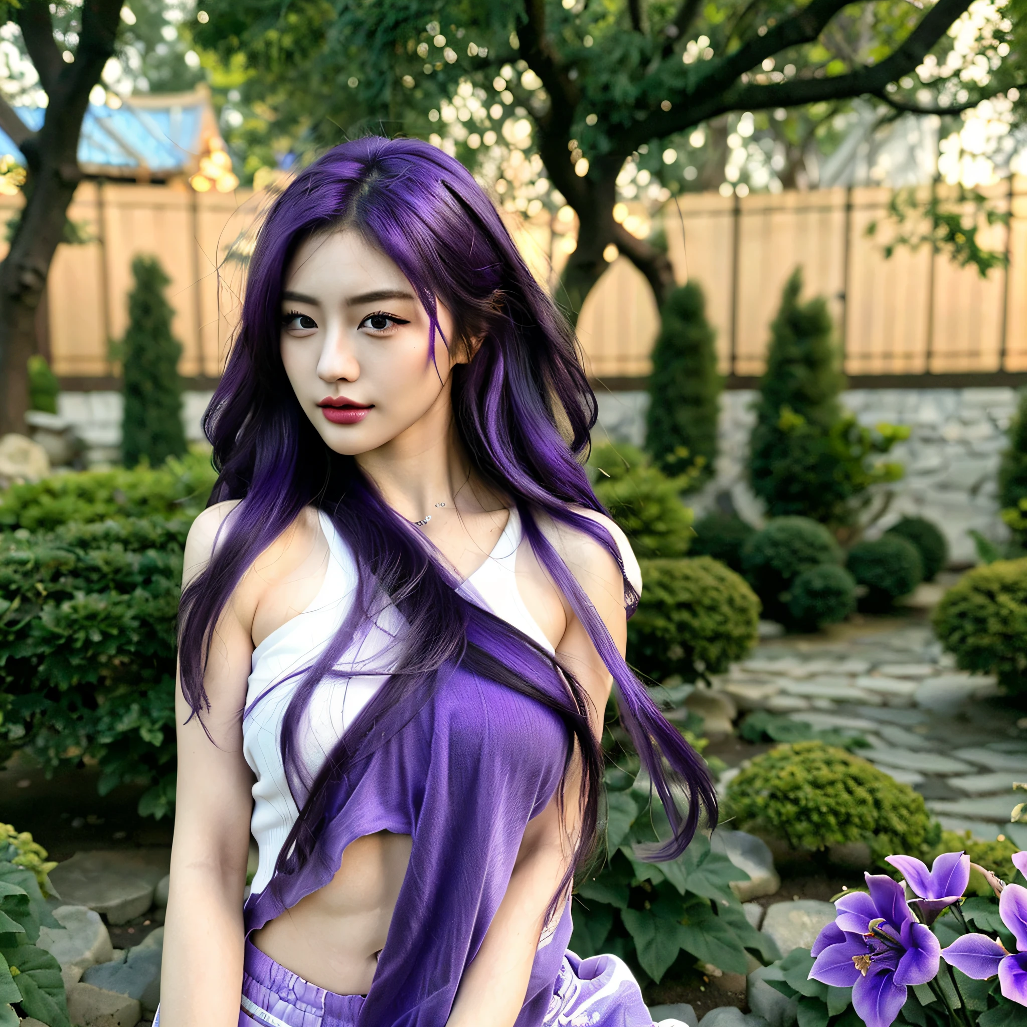 (best quality,4k,8k,highres,masterpiece:1.2),ultra-detailed,(realistic,photorealistic,photo-realistic:1.37),beautiful detailed eyes,beautiful detailed lips,extremely detailed eyes and face,longeyelashes,one girl,instagram post,fashionable outfit,warm scenery,soft natural light,medium:illustration,toned body,yoga pose,fit and healthy physique, large breats, big athletic ass, purple hair flowing in the wind,sultry and confident expression,South Korean heritage,bright and vibrant colors,peaceful garden background,serene atmosphere,graceful and alluring,attractive and charming,together creating a mesmerizing portrait.