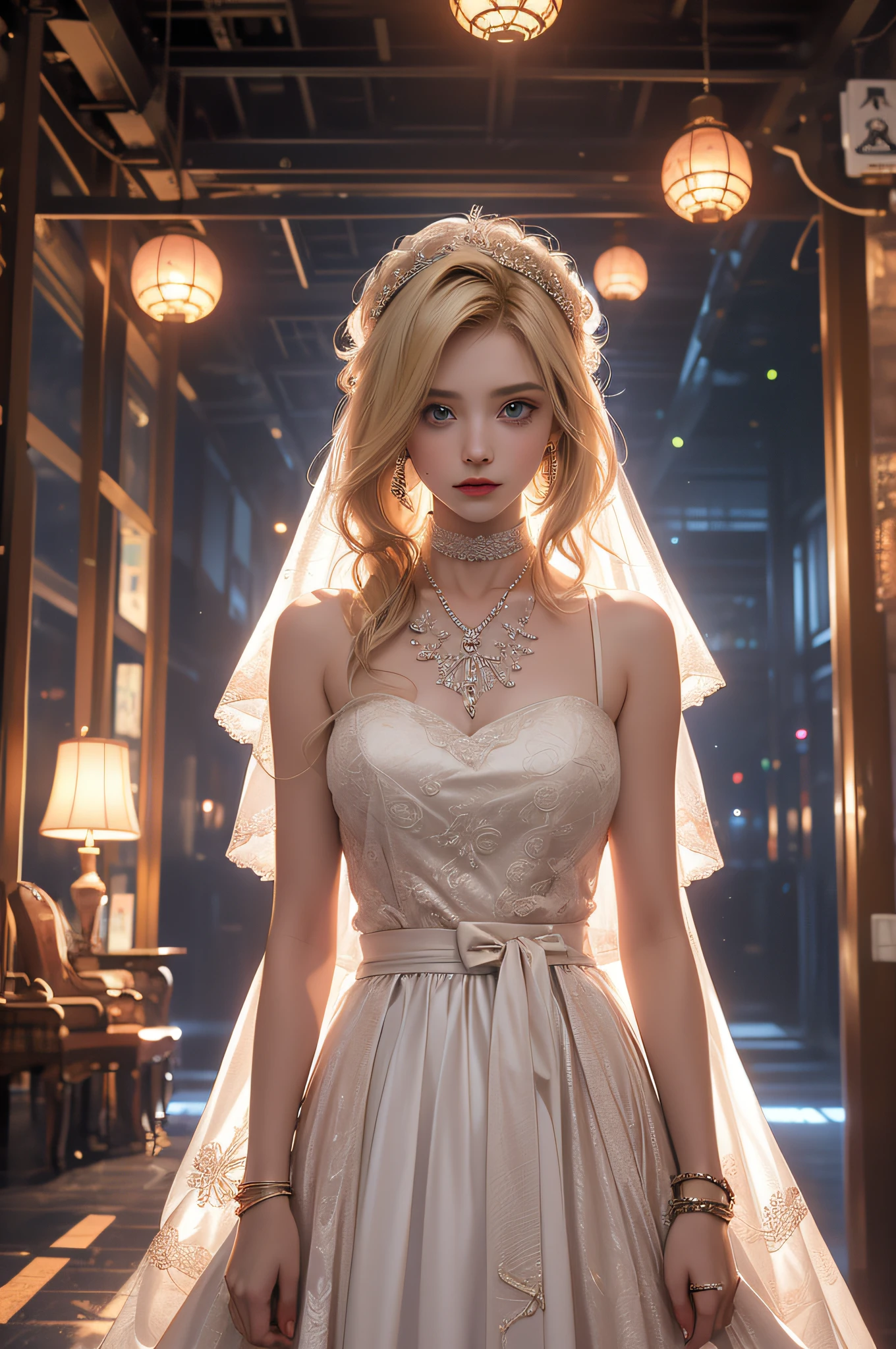 Best quality,tmasterpiece,超高分辨率,1 busty girl,guns,a skirt,Blonde hair,veils,Alone,jewely,bloods,choker necklace,eBlue eyes,There are blood stains on his clothes,Yuki,wedding gown,wedding gown,that tree,buliding,(Reported on art website,artistic,Colorful,The beautiful,art stations,movie mood,Dramatic and depressing lighting,cel shadow,movie atmosphere,Focus sharp,work insurance,