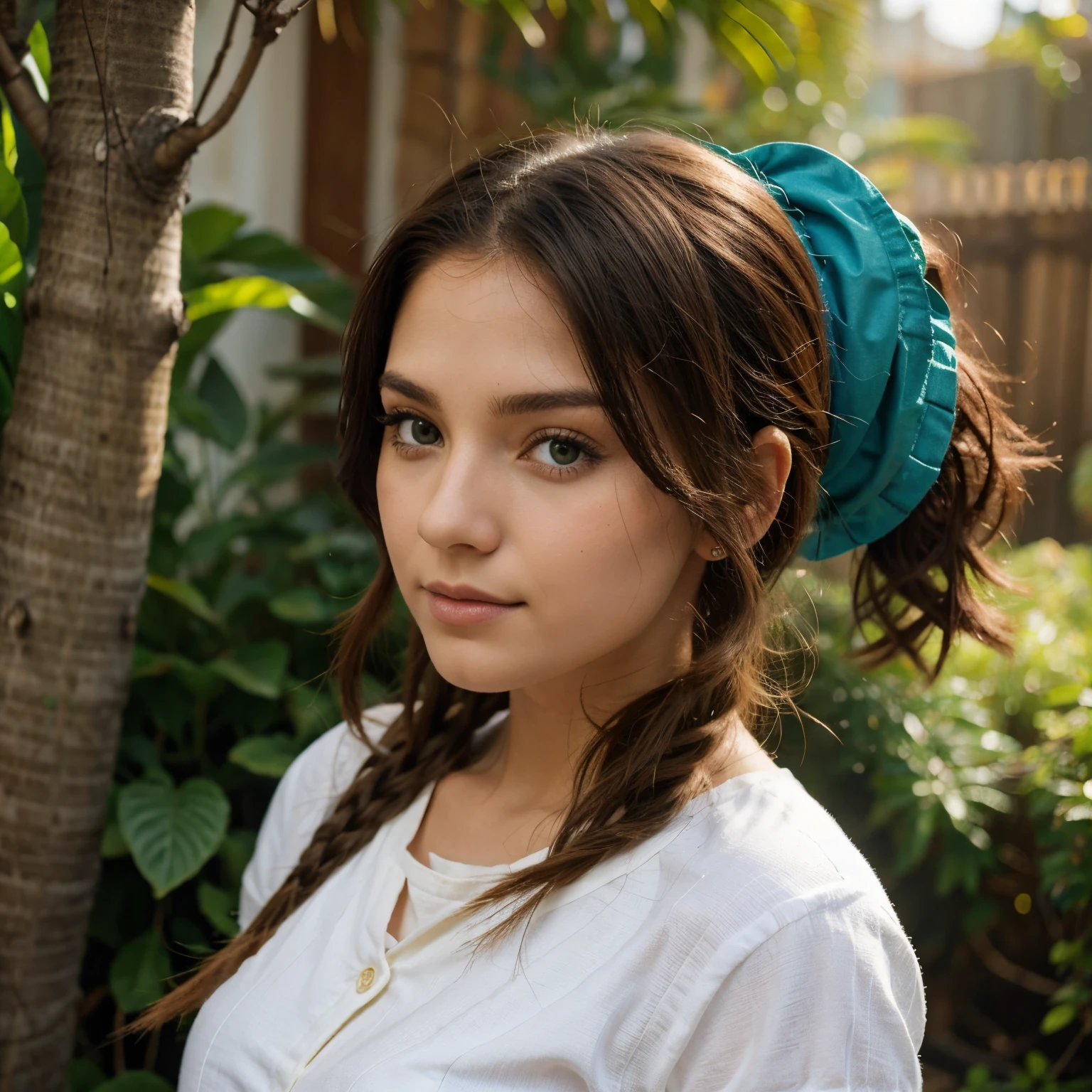 Criar panfleto disney mulher branca cabelo longo liso castanho com um gato marron olhos verdes e um peixe azul e rosa