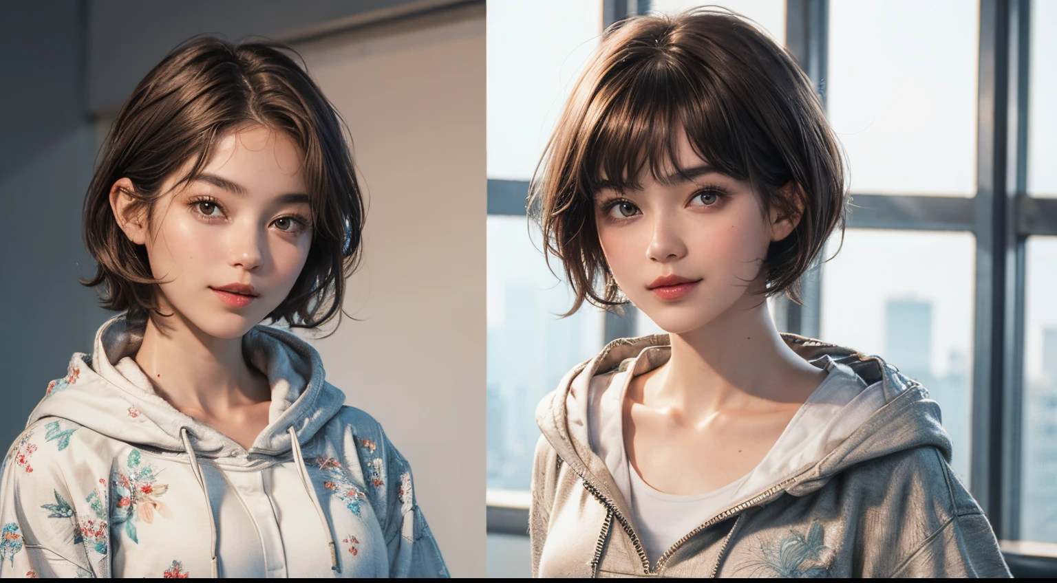 132
(a 20 yo woman,Wearing sportswear), (A hyper-realistic), (high-level image quality), ((beautiful hairstyle 46)), ((short-hair:1.46)), (Gentle smile), (breasted:1.46), (lipsticks), (Large room), (florals), (wearing hoodies)