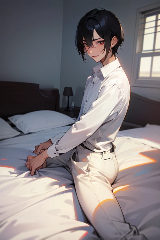 1 Boy, dark hair, white shirt, black slacks, on sheets,cool, (sexy:1.3), Fascinating, evil smile, Turn body to the front, (parted lips), pale skin,(background: on bed in bedroom), (Facing forward.:1.0),(Looking forward:1.0), sunset, high quality, high resolution, masterpiece