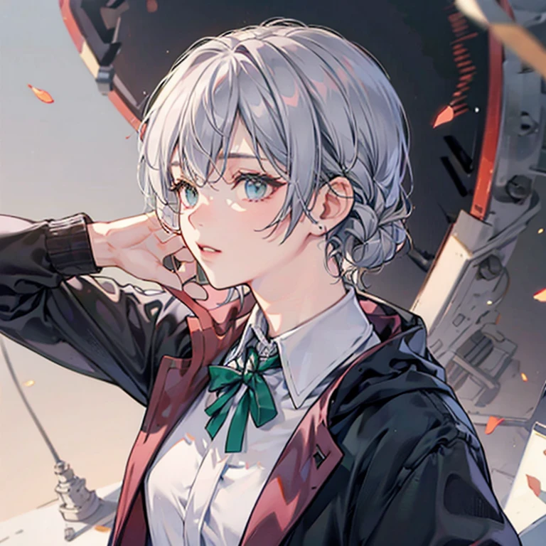 male people，Short silver-gray hair，Four or six points of hair，Wearing Hogwarts Slytherin clothes，Light gray eyes，cool guy，look over here，bust，Positive side face，Light，Ambient