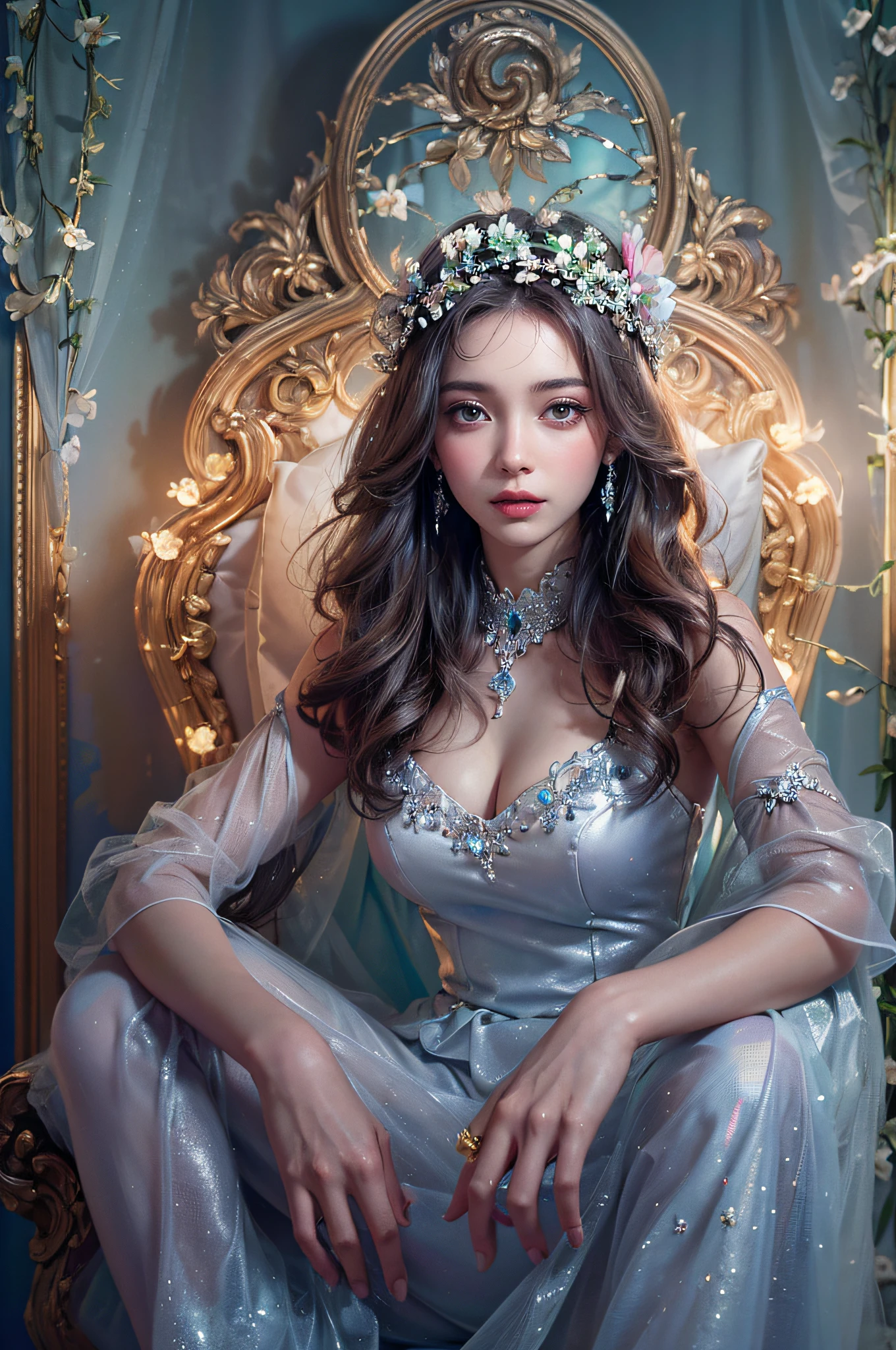 (Color photo of a mysterious beauty),(extremely delicate and beautiful work:1.2), Sitting in the Light of God, with neon lights, grand background, Silver dress,(she is the embodiment of beauty and charm, Her clothes are as soft and light as air.,) high-heels, flowercrown, starryskybackground, gentle and mysterious expression, High color saturation, surrealism , (Best Quality, masutepiece, ultra-detailliert, 超A high resolution, Photorealistic, Raw photo, absurderes, absolutely resolution:1.4),