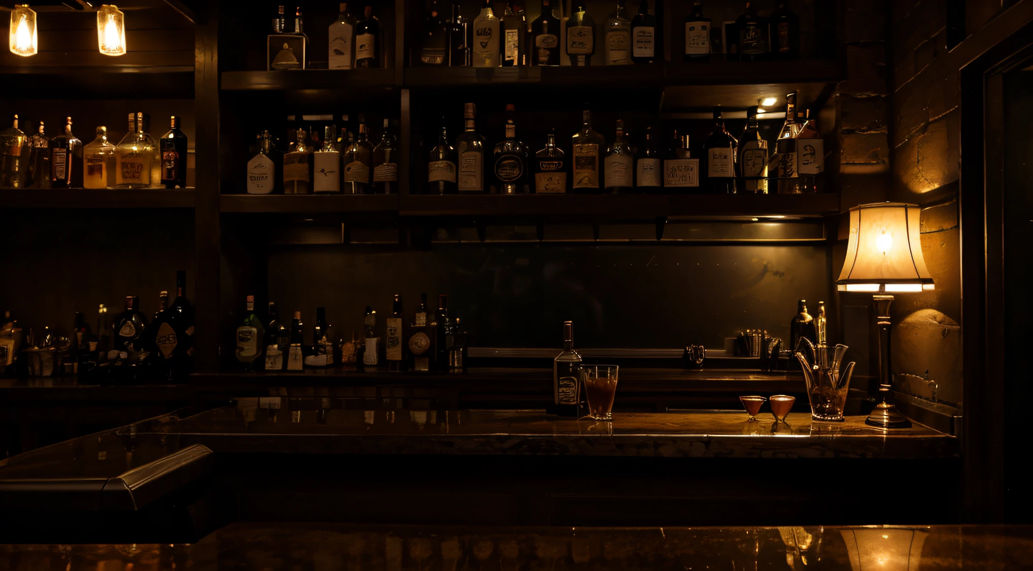 Liquor Bar, dim lighting, Bar Counter, Scary, lonely, ample, There's no one there.,