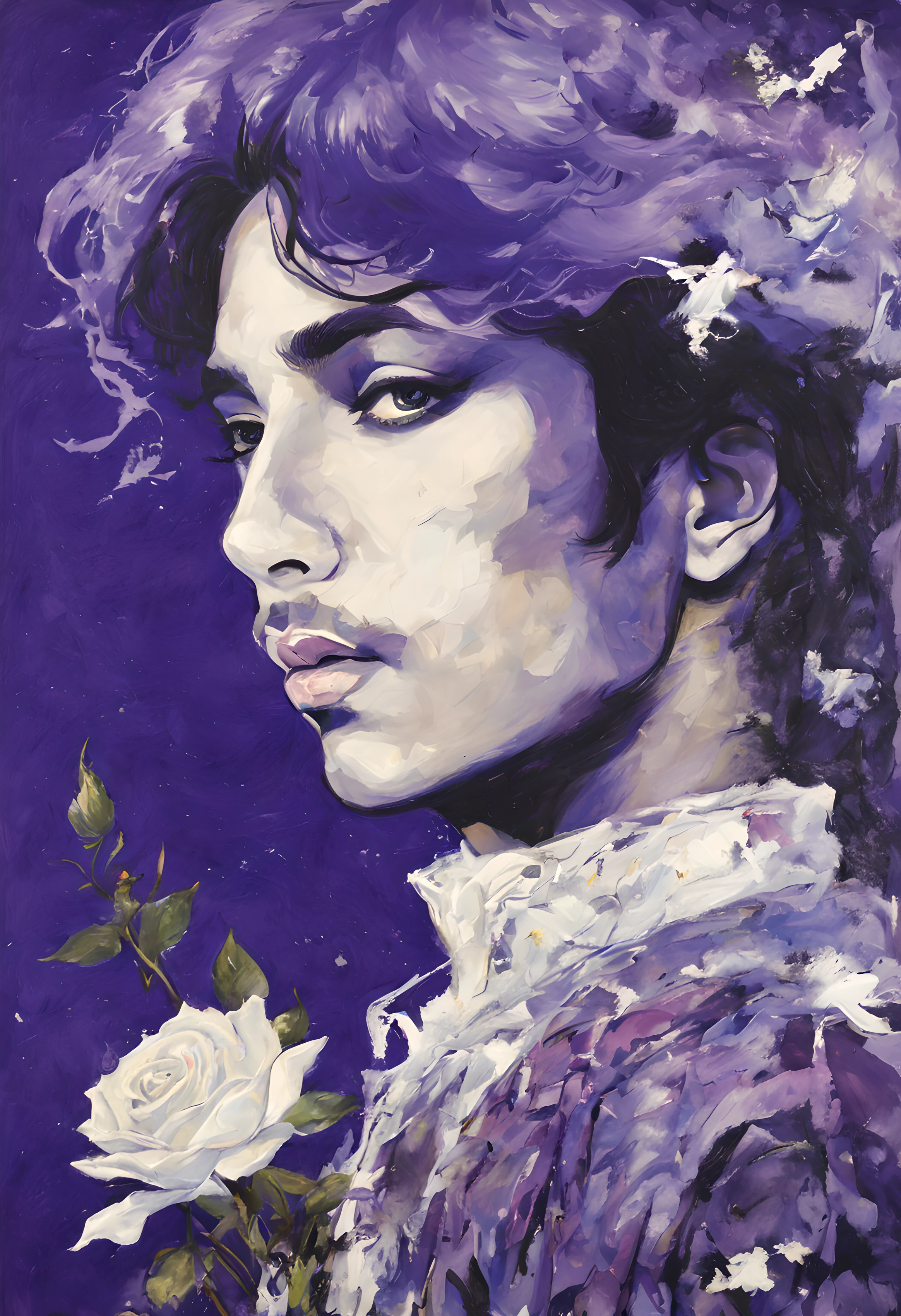 A painting of the Artist Formerly Known as Prince, in the art style of Ayami Kojima. Include use of molding paste, gloss polymer medium, and finger smudging. Include the color purple, white roses, and doves. Full moon in background