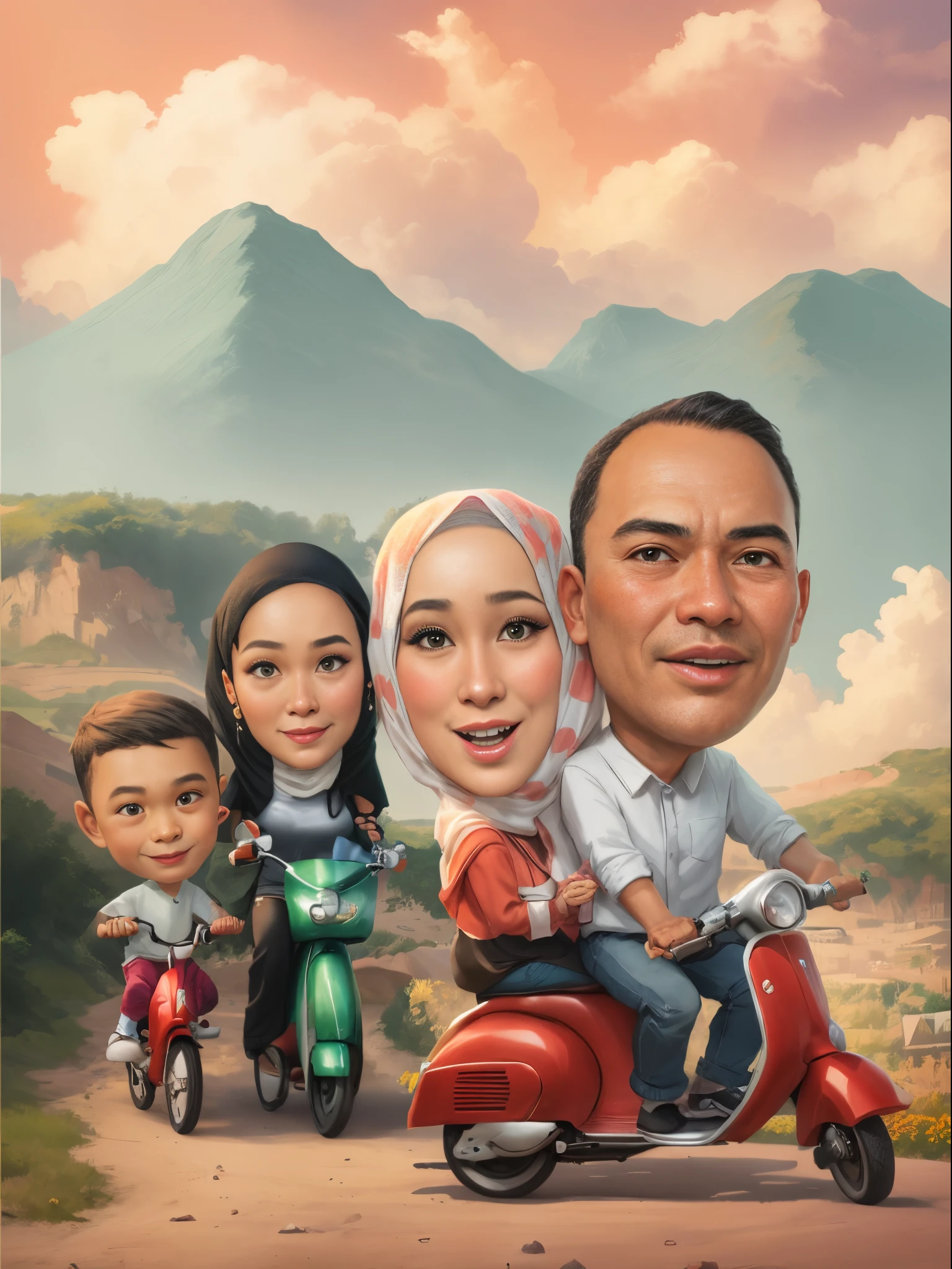 a cartoon of a family riding a scooter with Father mother and daughter and younger brother inside, mother wearing hijab,, caricature illustration, caricature style, an indonesian family portrait, cartoon artstyle, in cartoon style, cartoon art, digital art cartoon, cartoon digital painting, cartoon digital art, cartoon painting, digital cartoon painting art, cartoon portrait, potrait, caricature, by Abidin Dino
