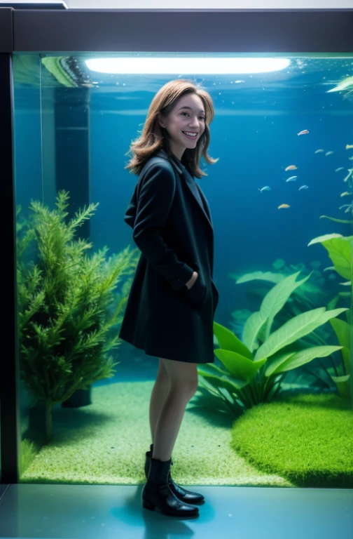 1 girl in,aquarium,fish tank,Christmas tree, Brown eyebrows, coat, ,sparkly earrings, wool coat,Gray coat,Knee-length skirt,glen check skirt,a necklace,smiling lips, Shorthair, From a short distance,lots of fish tanks,Alone, looking at an aquarium with fish swimming in it, Winters,Slender body type,Eyes,Looking from the side,The face of the golden ratio,The body of the golden ratio,top-quality,The ultra -The high-definition,bangss,A little further away,full bodyesbian,chunky heel short boots,Background is blurry,Beautiful aquarium,dim room