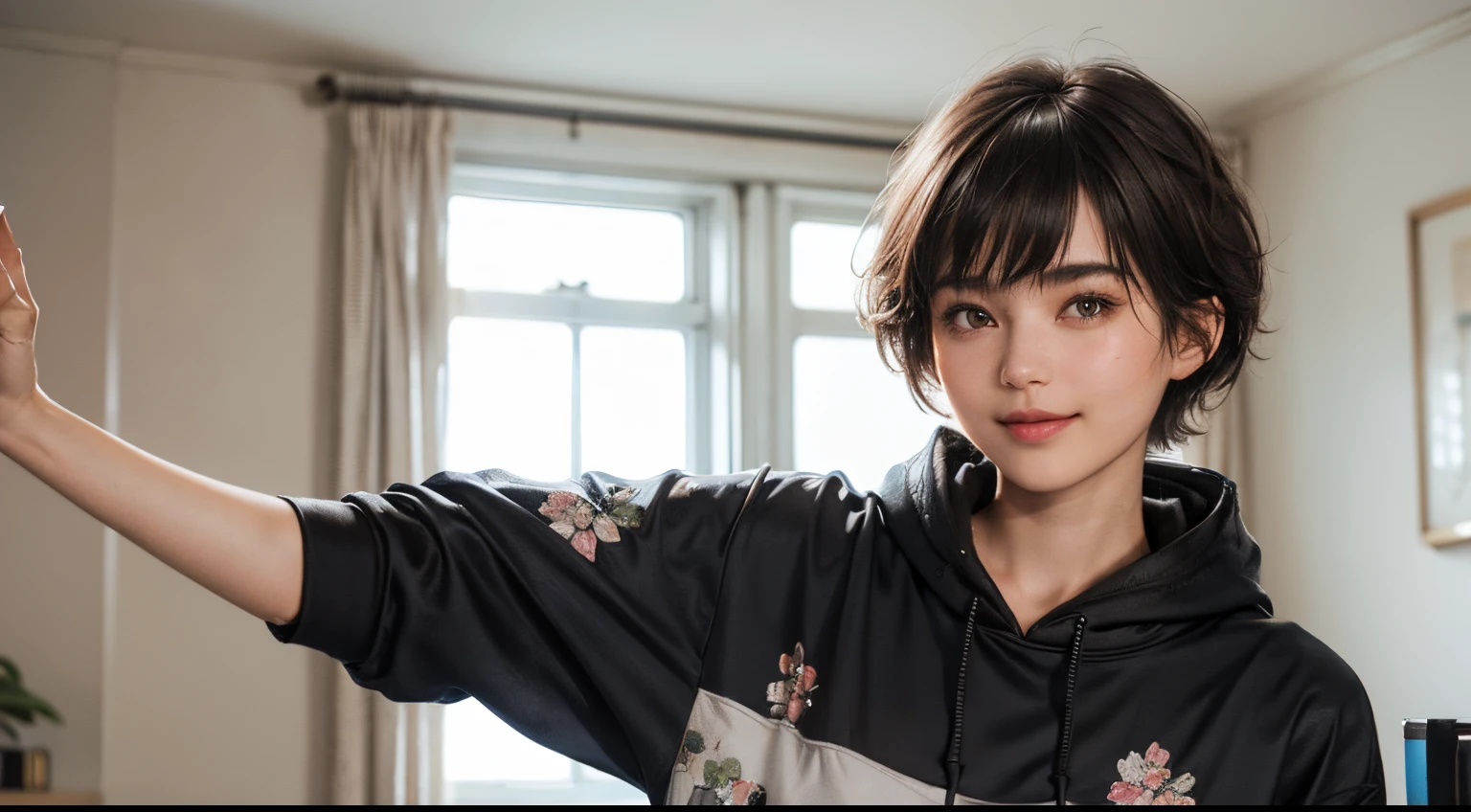 132
(a 20 yo woman,Wearing sportswear), (A hyper-realistic), (high-level image quality), ((beautiful hairstyle 46)), ((short-hair:1.46)), (Gentle smile), (breasted:1.46), (lipsticks), (Large room), (florals), (wearing hoodies)