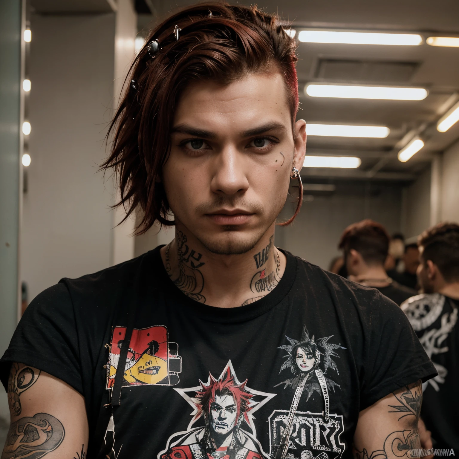 homem adulto com cabelo ruivo e piercings, swobretudo preto, messy spiked red hair, Miguel Mignogna, Retrato de um punk masculino, corte de cabelo tingido cyberpunk, Mignogna, Eldritchpunk, penteado vermelho moicano, Heath Clifford, Neonpunk, com cabelos ruivos, Chaotic punk, Mowhawk, com estilo pop punk, retro punk, Diselpunk