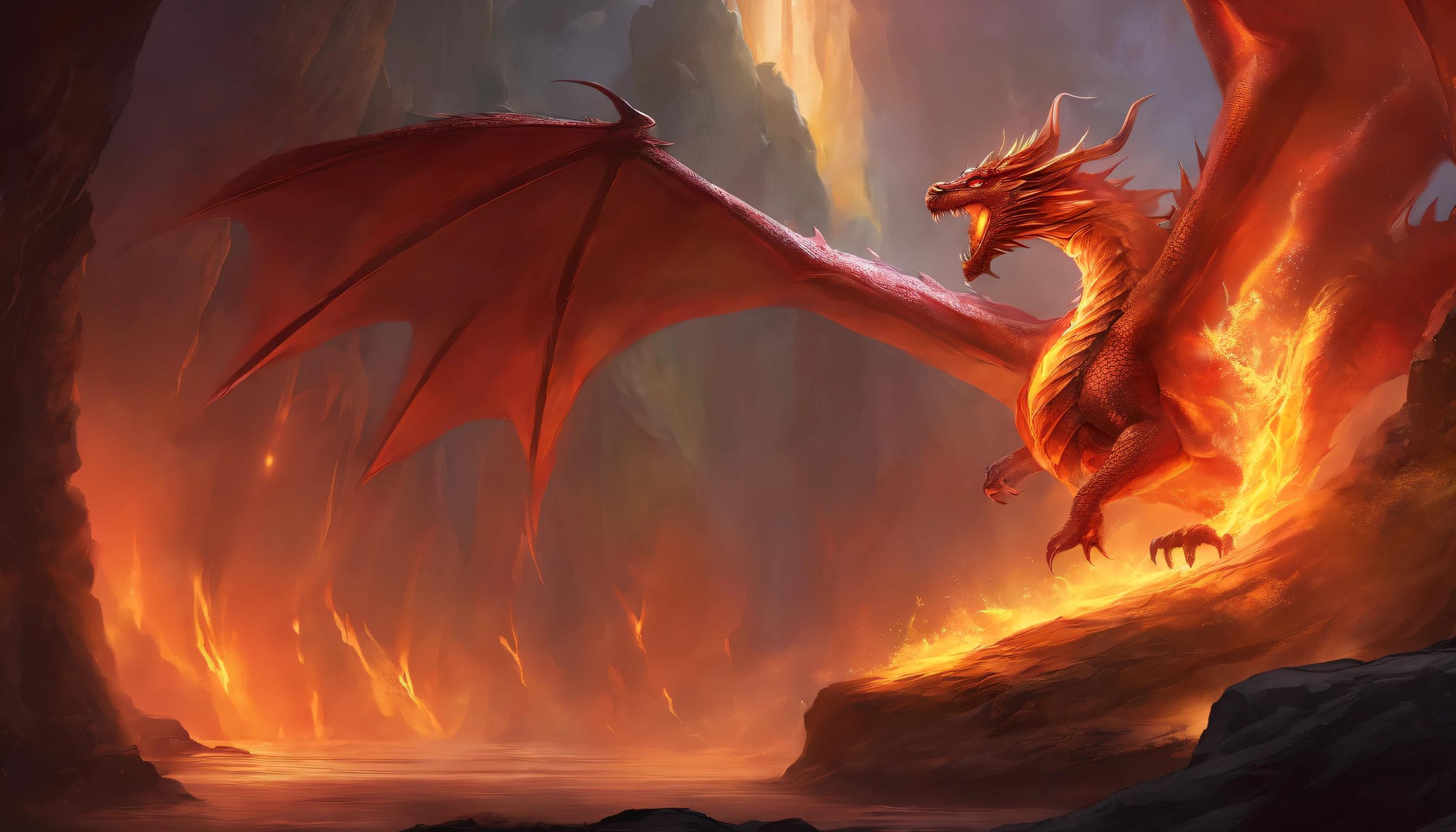 Fire Dragon,volcanoes,fire-breathing,inside a cave