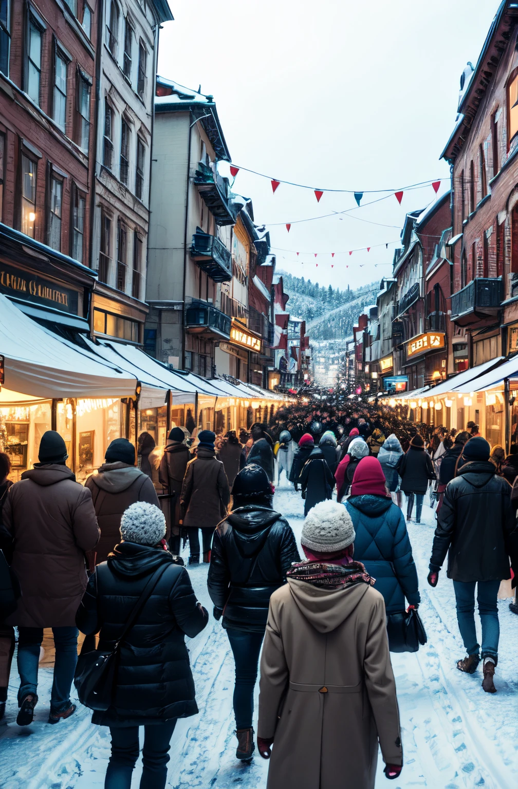 detailed, (masterpiece:1.2), town, (festival), (winter), day, (cheerful), (crowdy), lively, buildings, streets, (winter clothes), crowd, happy